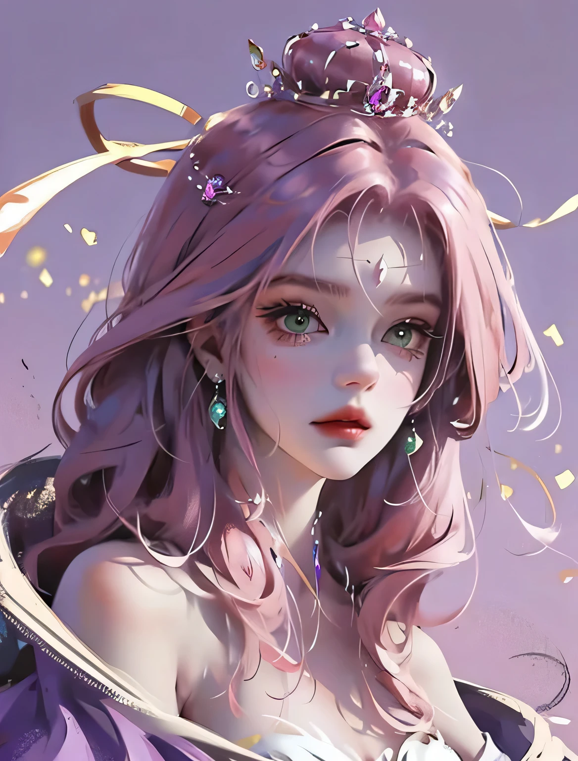 Crown princess appearance long pink hair, green eyes and a purple velvet dress with puffed sleeves a tiara with purple crystals