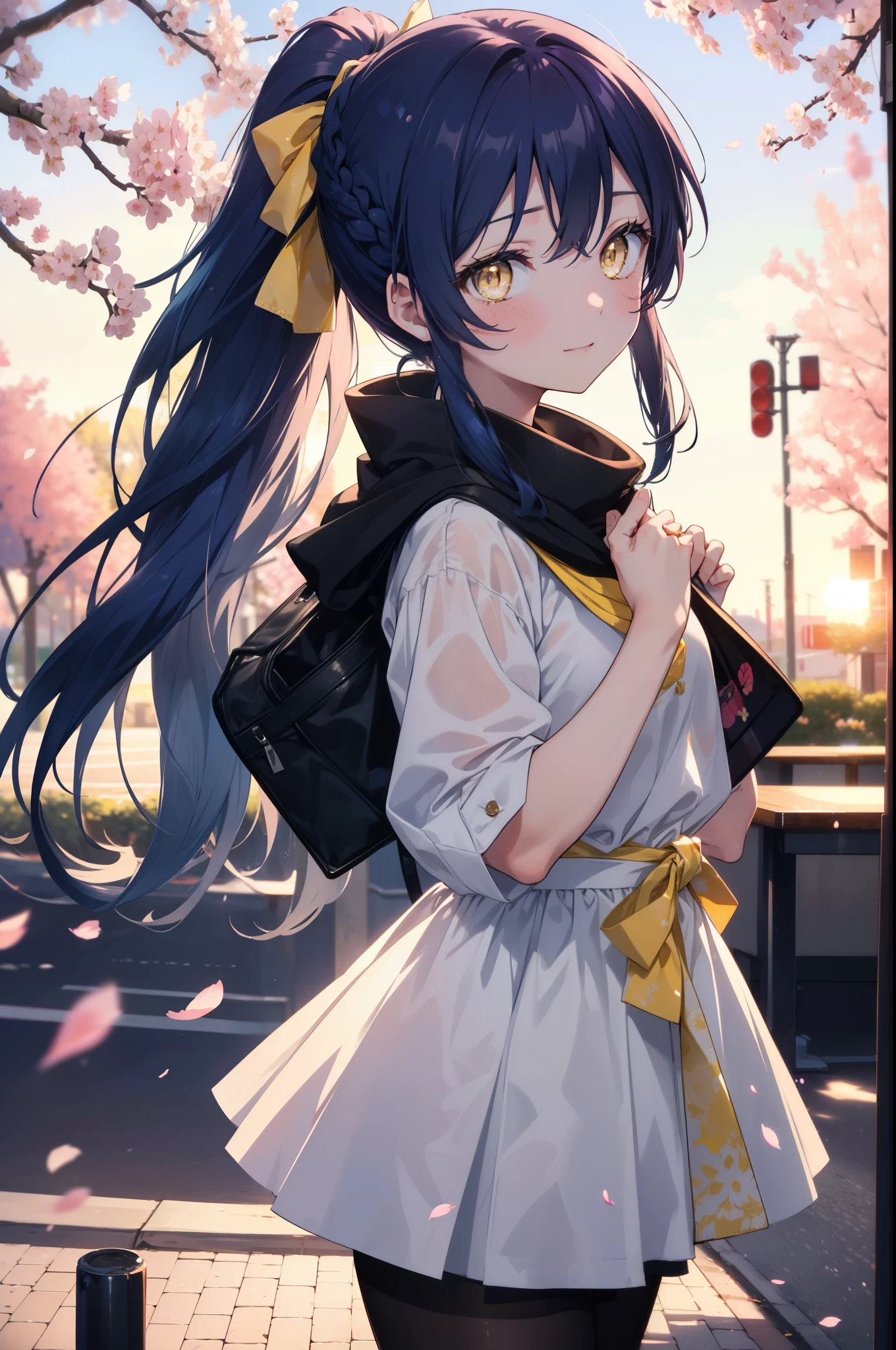 you are so kind, umi sonoda, long hair, blue hair,short braided hair,ponytail, (yellow eyes:1.5) (flat chest:1.2),
smile,blush, open your mouth,Blue oversized sweater,shorts,black pantyhose,white mini boots,walk,Cherry blossom tree-lined path,The cherry blossoms have bloomed,Cherry blossoms are scattered,morning,morning日,the sun is rising, break looking at viewer,whole body,(cowboy shot:1. 5) break outdoors, residential street,
break (masterpiece:1.2), highest quality, High resolution, unity 8k wallpaper, (figure:0.8), (detailed and beautiful eyes:1.6), highly detailed face, perfect lighting, Very detailed CG, (perfect hands, perfect anatomy),