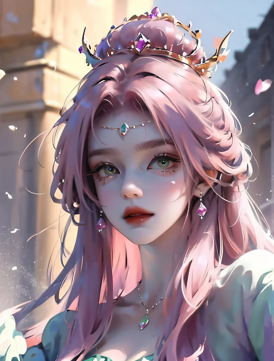 Crown princess appearance long pink hair, green eyes and a purple velvet dress with puffed sleeves a tiara with purple crystals