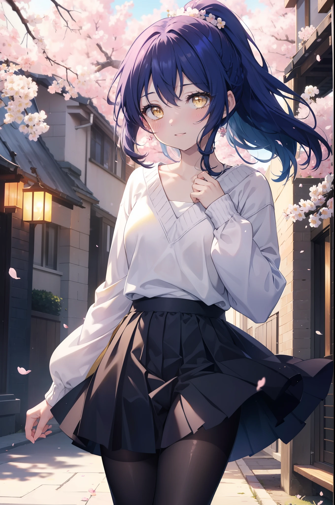 you are so kind, umi sonoda, long hair, blue hair,short braided hair,ponytail, (yellow eyes:1.5) (flat chest:1.2),
smile,blush, open your mouth,Blue oversized sweater,shorts,black pantyhose,white mini boots,walk,Cherry blossom tree-lined path,The cherry blossoms have bloomed,Cherry blossoms are scattered,morning,morning日,the sun is rising, break looking at viewer,whole body,(cowboy shot:1. 5) break outdoors, residential street,
break (masterpiece:1.2), highest quality, High resolution, unity 8k wallpaper, (figure:0.8), (detailed and beautiful eyes:1.6), highly detailed face, perfect lighting, Very detailed CG, (perfect hands, perfect anatomy),