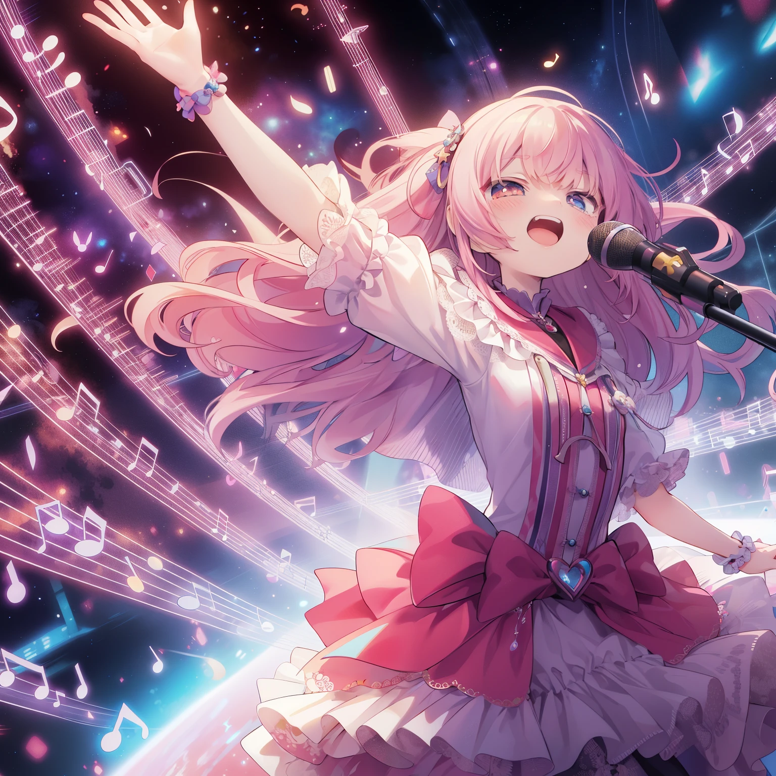 a woman in a dress singing into a microphone in front of a crowd, nightcore, An idol anime like Macross Frontier that fights with singing voices、full body jump、scatter♪、Music Note Effects、Shockwave of singing voice、space background、Resonating singing voice!、light radiation effect afterimage、anime art wallpaper 8 k, ultra hd anime wallpaper, best anime 4k konachan wallpaper, anime style 4 k, anime art wallpaper 4k, anime art wallpaper 4 k, hololive, anime moe artstyle, anime wallpaper 4 k, anime wallpaper 4k