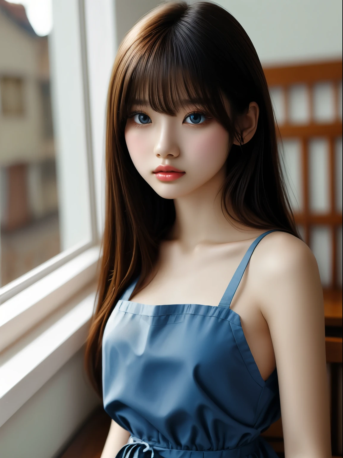 photorealism、highest quality、超A high resolution、picture、very beautiful nordic girl photo、cute and beautiful face details、(Pueros face_V1:0.008)、beautiful bangs、alice in wonderland、、Brilliant white skin、bangs between eyes、super long hair、Charming platinum blonde super long straight silky hair、Attractive and shining beautiful light blue big eyes、white apron、blue dress、eyeliner、double eyelid、rich bust