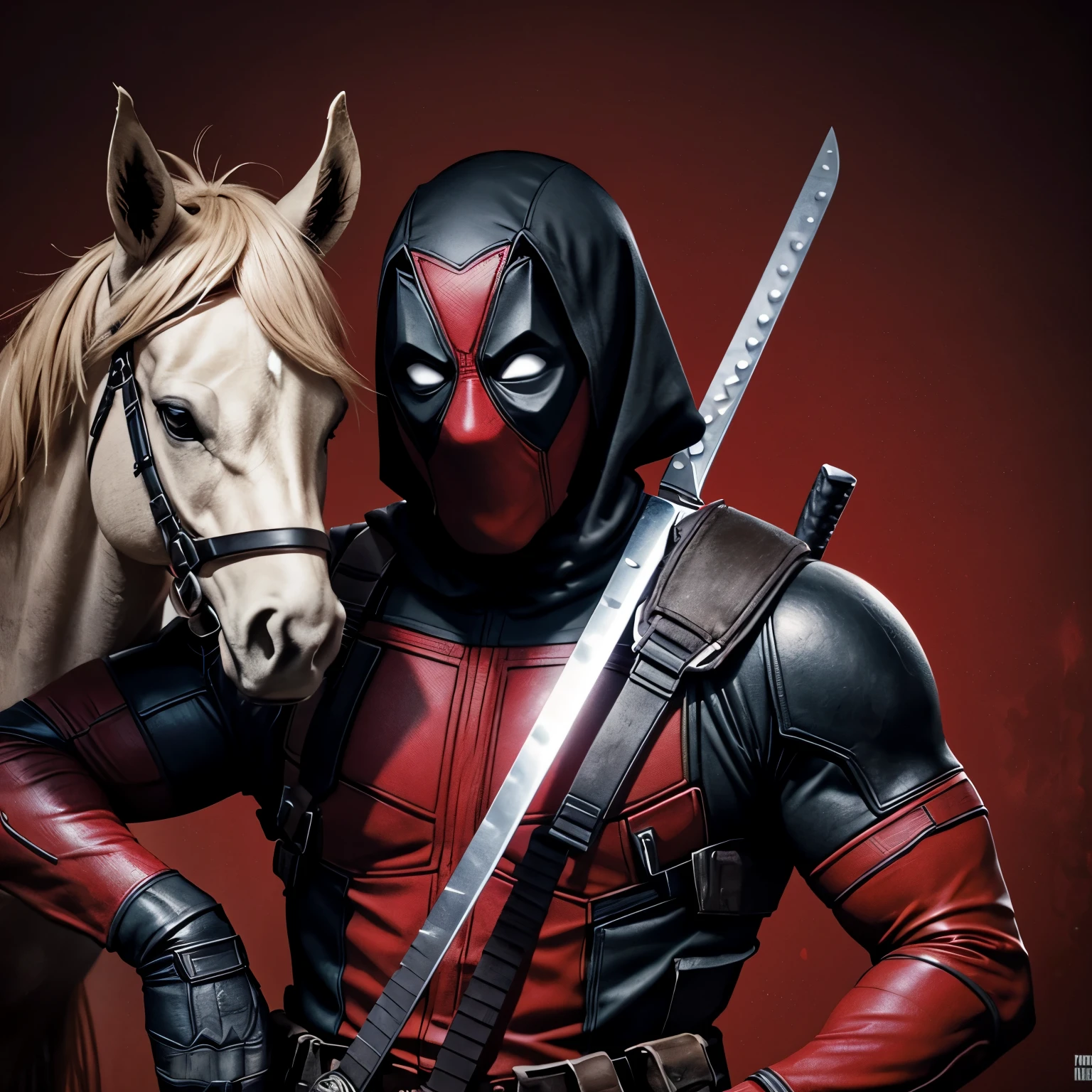 Deadpool, red, black, sword, machine gun, blood, unicorn, chimichanga 