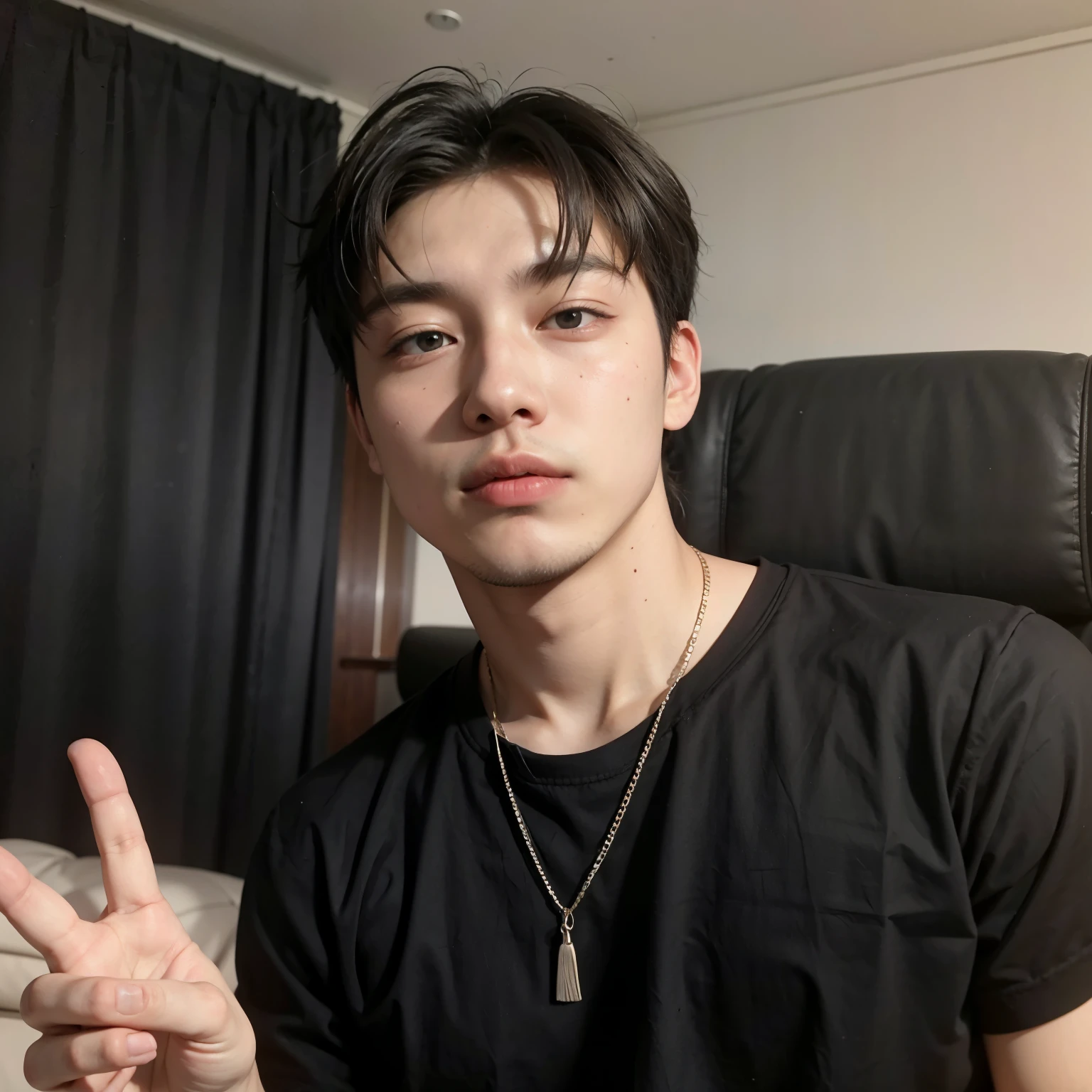 sharpened man sitting on a chair with a peace sign in his hand, Choi San, Asian, cabelos escuros, homem sul-coreano, 22 anos de idade, melhor qualidade, 4k.