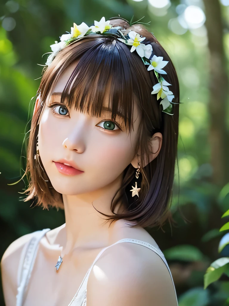 masterpiece, highest quality, 16K,enlightenment, Sax Blue, Green Earrings, green necklace, white dress, 1 girl, cute, (dynamic lighting:1.2), cinematic lighting, delicate features, detailed eye, sharp pupils, realistic student, in the forest, Bokeh, sharp focus, (super detailed, bloom, shine:1.4), green eyes、brown hair、she is a tree fairy、forest background、in the forest、headband、shortcut、