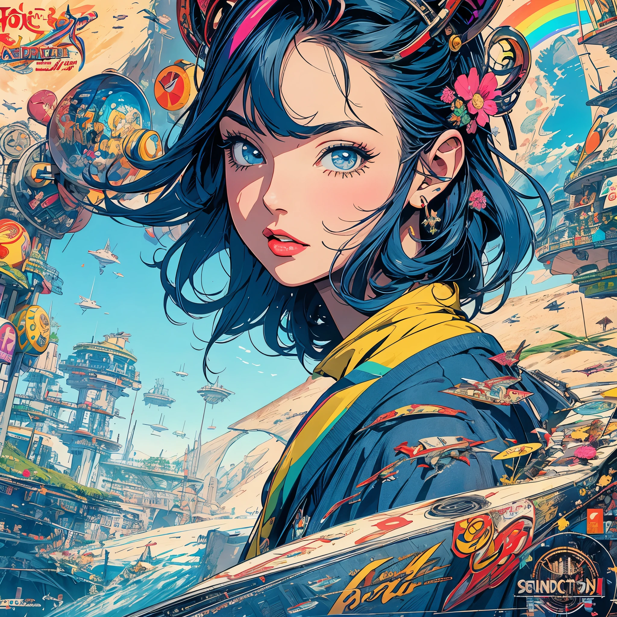 (masterpiece, highest quality), 32K,(highly detailed beautiful woman), poster,SF,1960s,1970s,bauhaus, shape, abstract,movie poster, vintage,retro,futuristic anime,ultimate map,highlight,extremely detailed rainbow-colored eyes,Emphasize cleavage,