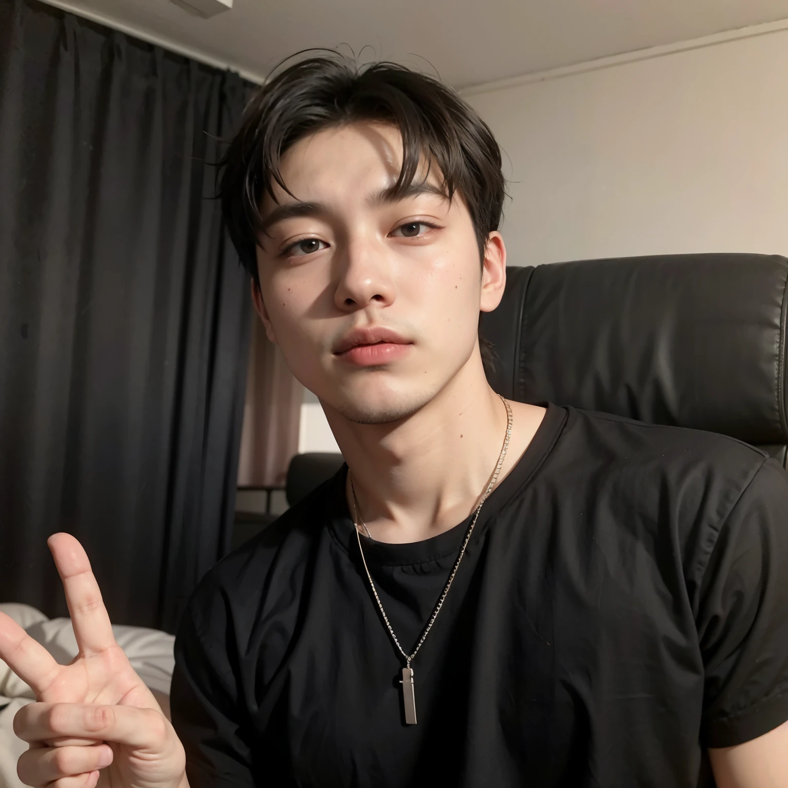 sharpened man sitting on a chair with a peace sign in his hand, Choi San, Asian, cabelos escuros, homem sul-coreano, 22 anos de idade, melhor qualidade, 4k.