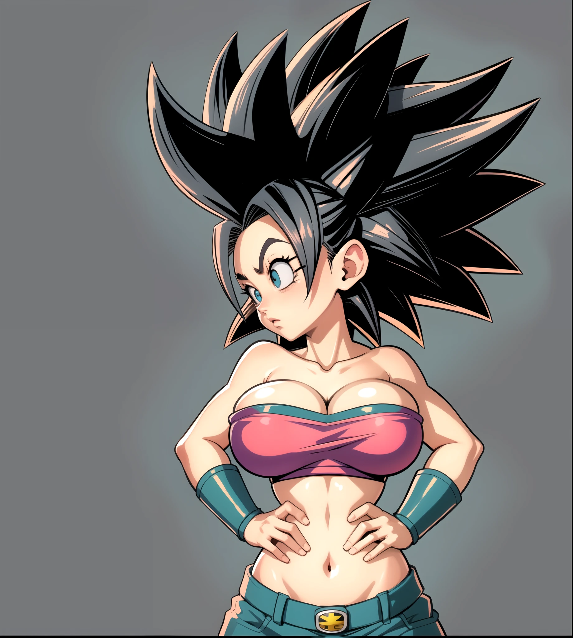 Masterwork, 4k resolution, Un primer plano de una caricatura de una mujer con un pecho muy grande y gordo, un top color rosa, una falda color morado, chica saiyajin, caulifla, goku femenino, skinny sexy body, huge breast, Estilo Akira Toriyama, dragon ball art style, Dragon Ball Style, by Ikuo Hirayama, arte conceptual de dragon ball, akira toriyama, inspired por Akira Toriyama, por Akira Toriyama, boceto coloreado de alta calidad, detailed nipples, covered niples, caulifla from dragon ball super, un top rosa y una falda morada. Fat huge breast, oppai proportions