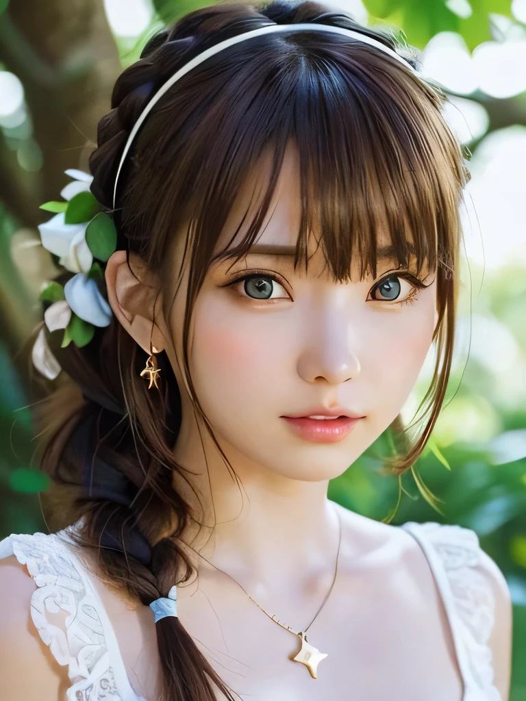 masterpiece, highest quality, 16K,enlightenment, Sax Blue, Green Earrings, green necklace, white dress, 1 girl, cute, (dynamic lighting:1.2), cinematic lighting, delicate features, detailed eye, sharp pupils, realistic student, in the forest, Bokeh, sharp focus, (super detailed, bloom, shine:1.4), green eyes、brown hair、she is a tree fairy、forest background、in the forest、headband、green extensions、Braid、