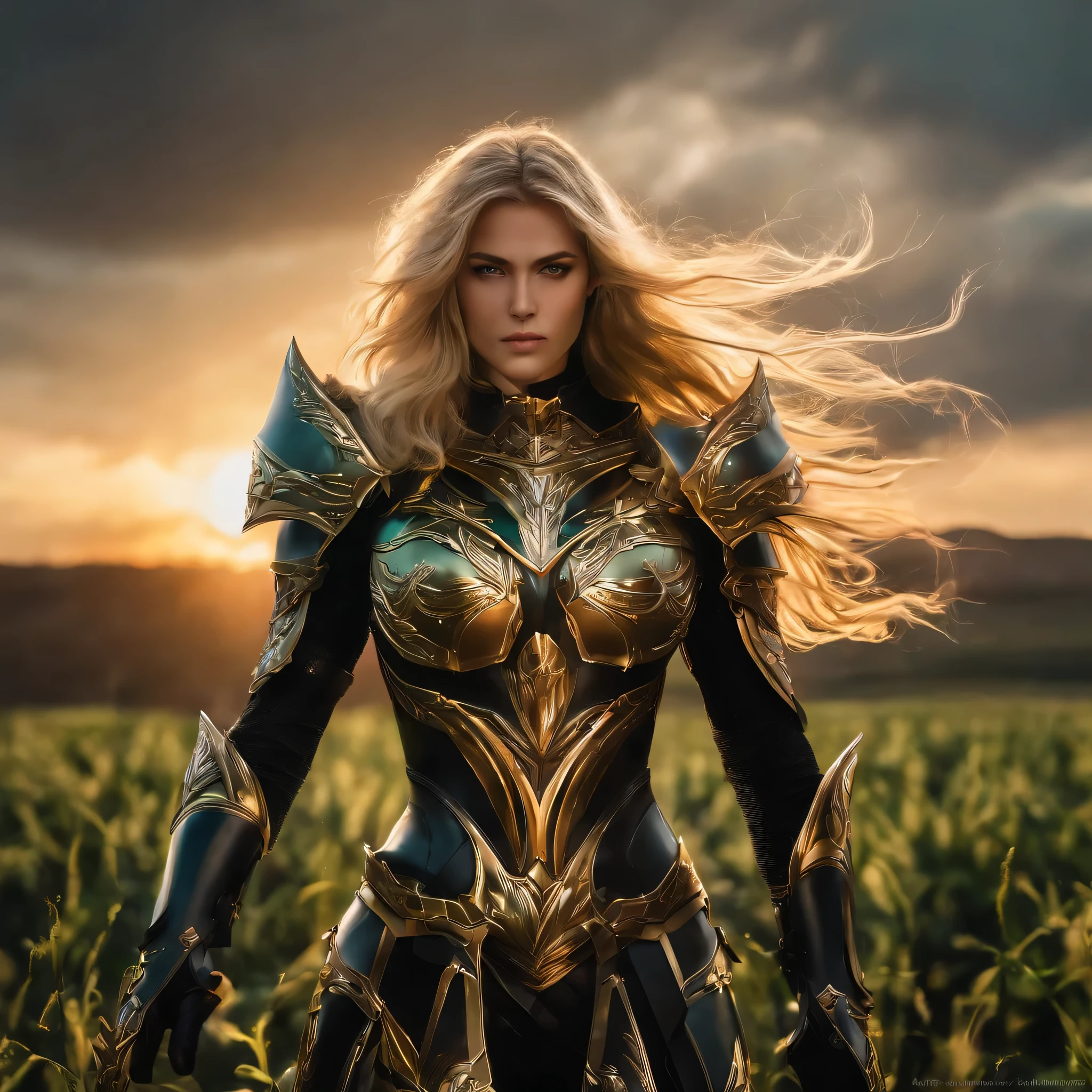 (1girl), wearing a heavy knight armor, dark armor, intricate black and gold armor details, intricate beautiful green fields, legendary, futuristic, saint seiya, long blonde hair, muscular, power pose, highly detailed background, fire in the eyes, aura power, highly detailed