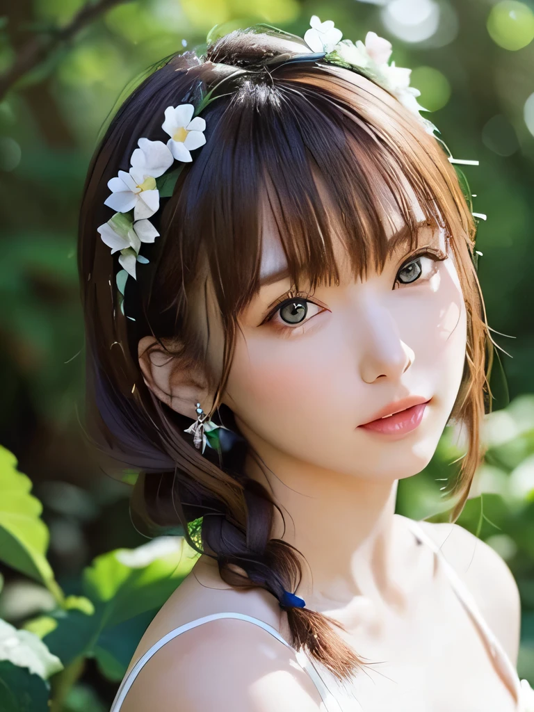masterpiece, highest quality, １６K,enlightenment, Sax Blue, Green Earrings, green necklace, white dress, 1 girl, cute, (dynamic lighting:1.2), cinematic lighting, delicate features, detailed eye, sharp pupils, realistic student, in the forest, Bokeh, sharp focus, (super detailed, bloom, shine:1.4), green eyes、brown hair、she is a tree fairy、forest background、in the forest、headband、green extensions、Braid、