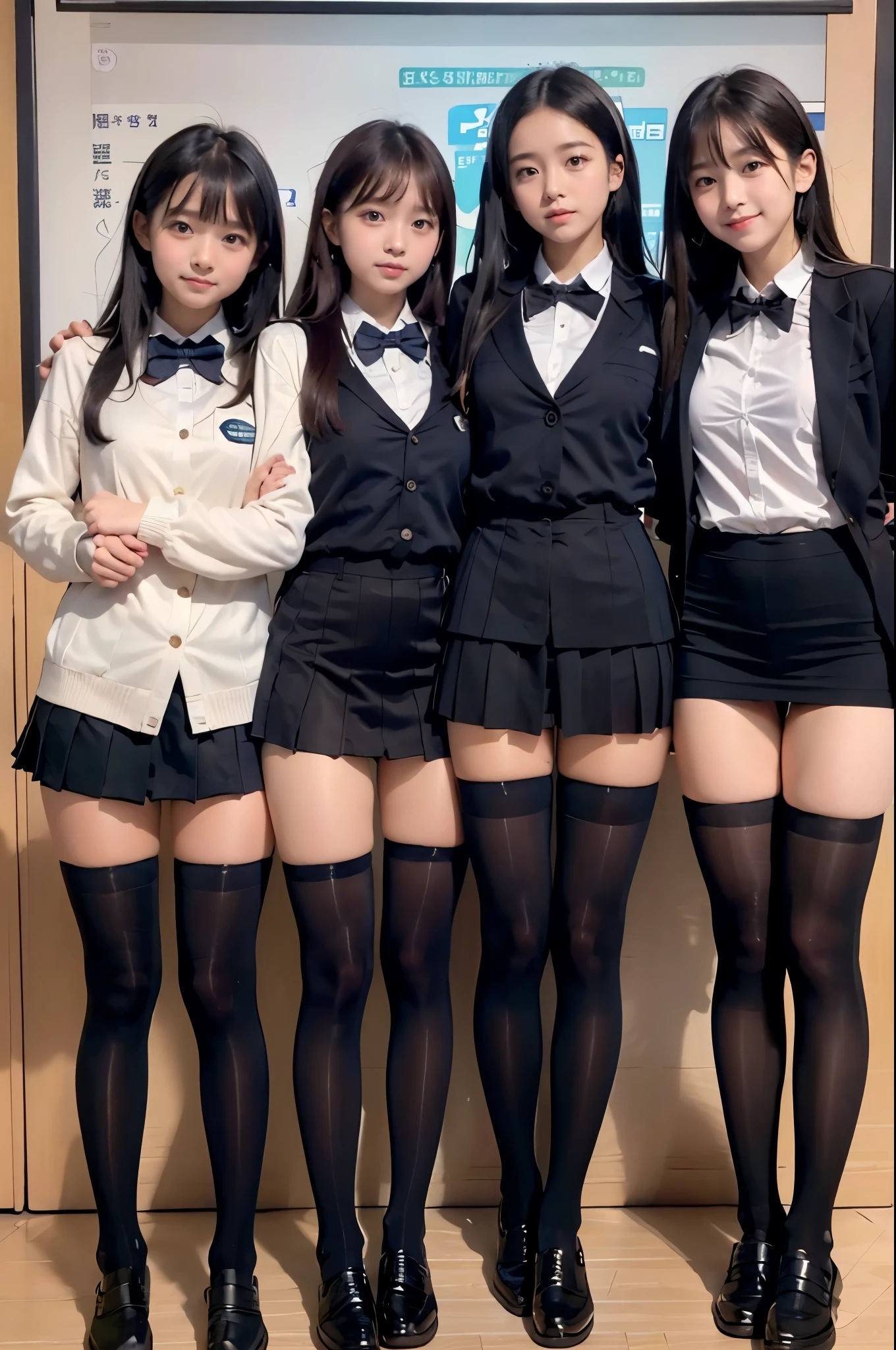 high-angle shot、classroom snap、 in a schoool, A tall, -face woman wearing a short skirt and bow tie. ２There are people、(2 girls)、young girls, Phenomenally cute 、Japanese girl&#39;s green uniform、Wearing Japan 、Japanese school black uniform、Wearing a surreal high 、Girl in Uniform、Wearing a dark blue uniform、 Pose、full body Esbian、Nice skin、glistning skin、lovely thighs、long legged、wide thighhighicro Mini Skirt)、glowing thigh、(opaque black knee high socks)、(I always wear knee socks that go above the knee.)、I'm wearing leather shoes、High School in Japan 、Nogizaka Idol、korean idol、Invite you inside、Inviting eyes, cleavage, 