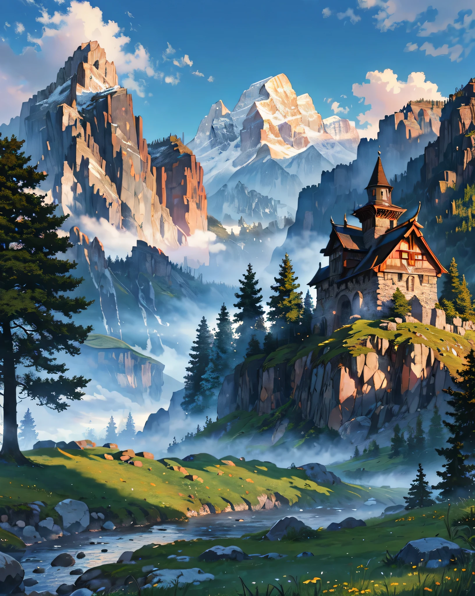 meadows, mountains, stone, day, cloudy, wood house, medieval times foggy, (masterpiece, best quality:1.2)