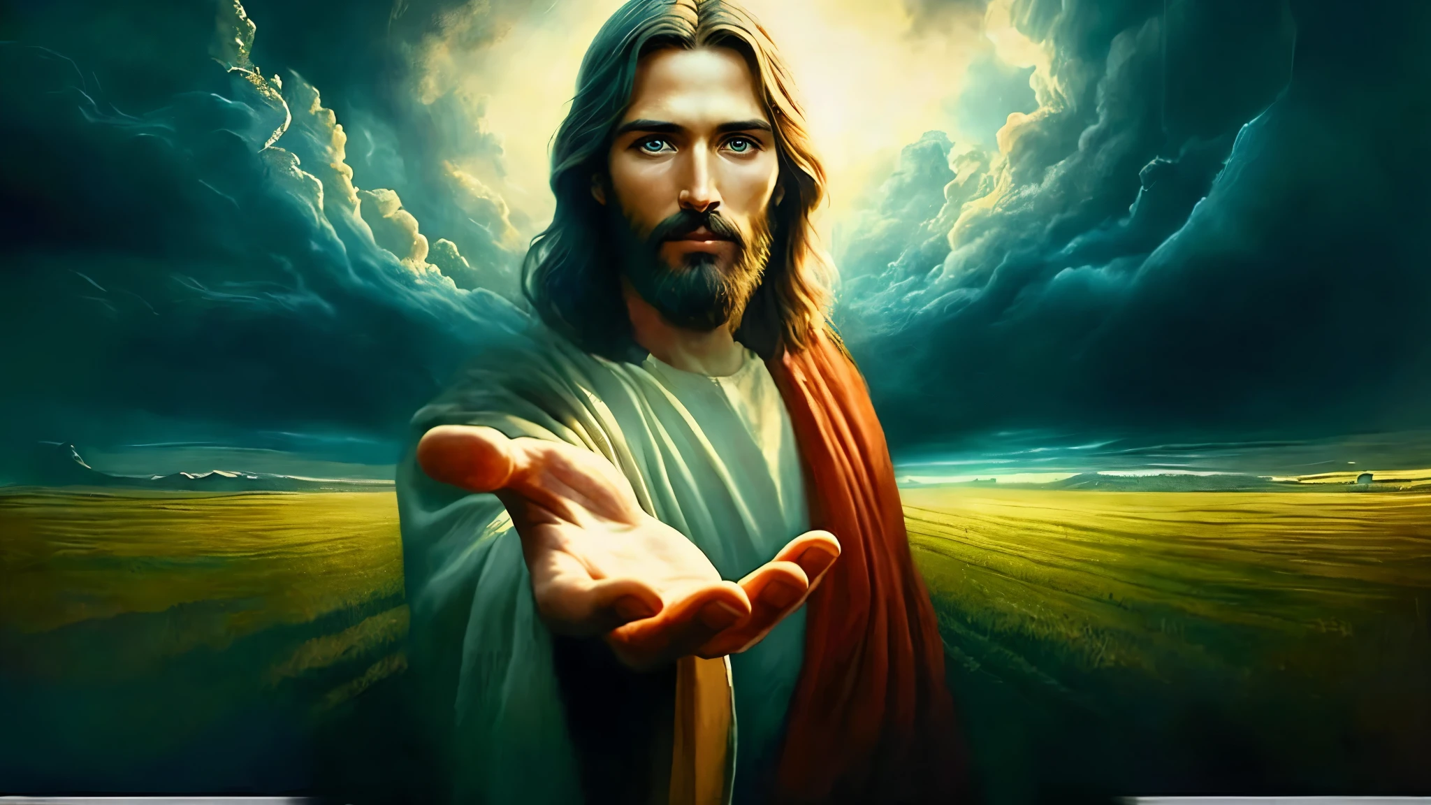 Jesus holding a staff in his hand in a field, Jesus Cristo, ! holding in hand !, jesus, he is greeting you warmly, jovem deus todo-poderoso, o senhor e salvador, Greg Olsen, rosto de jesus, portrait of Jesus Cristo, holding a sacred symbol, Deus olhando para mim, segunda vinda, holding the sacred symbol, blessing hands, Jesus of Nazareth