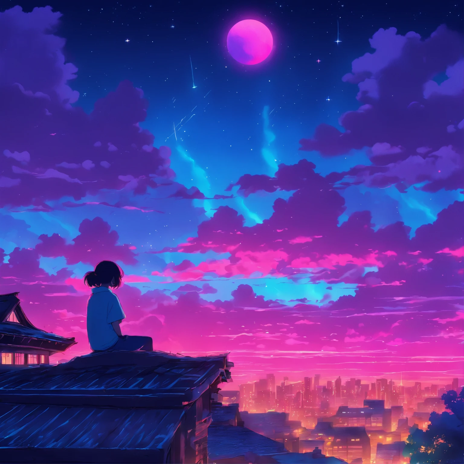 (Lofi), A girl sitting on the rooftop of an old house, Lo-fi image,retro, flat,2.5d, night light, rooftop view, neon scape, beautiful colorful night sky,stars ,analog color theme, fantasy ,line art, ink drawing, big ink line, watercolor, goauche color, studio Ghibli style, awesome colorful, outurn, synthwave, lofi art,90s style,old texture, amplitude,90s atmosphere, masterpiece, massive skills