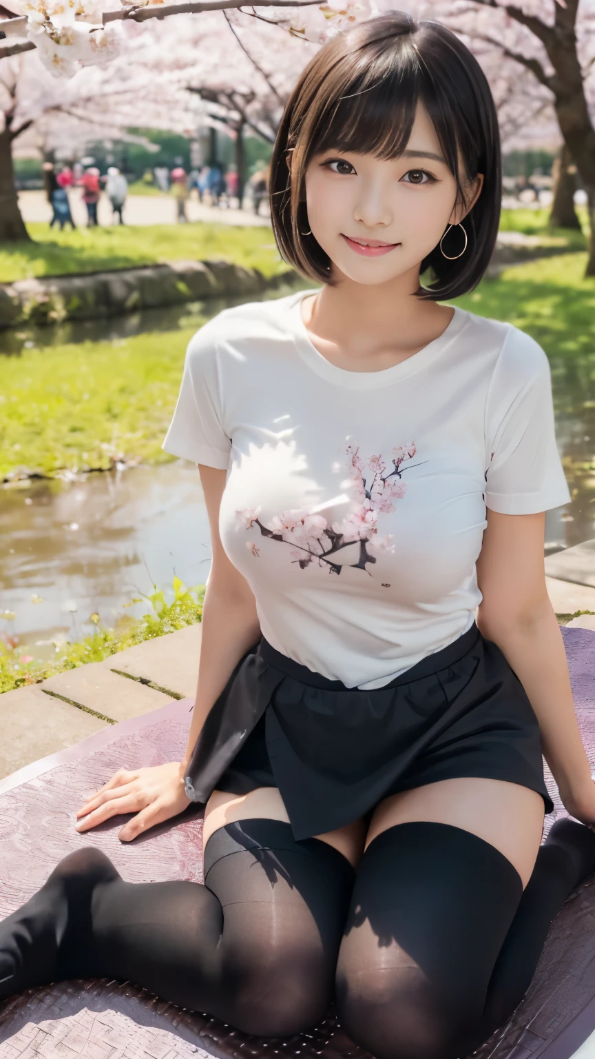 Masterpiece, Best-quality, RAW-photo, Ultra-High-Resolution, Photorealistic, very delicate human skin, 
(Anatomically correct, -yeld, Restic Japanese girl, photographer's lover, She truly loves photographer, baby face,e, short height, thin waist, big breasts, Slender legs, Large breast, Realistic skin), 
((T-shirt, black miniskirt, thigh-high socks, sake cup:1.3)), 
(maiko, Round face, Black hair, Black eyes, Moist eyes, Shining eyes, Short bob cut, Bangs, Down-slating eyebrows, one little earring, Light blush), 
(See photographer, look at viewer, Lift up the sake cup, sit on the mat, sitting on the floor with her legs tucked under to one side, sit with one leg curled under her:1.3), 
(Elegant goddess smile, seduce men), 
(Cherry blossoms in full bloom, Ueno Park, a large number of cherry blossom viewers, mats, banquets), 
Natural lighting, full length