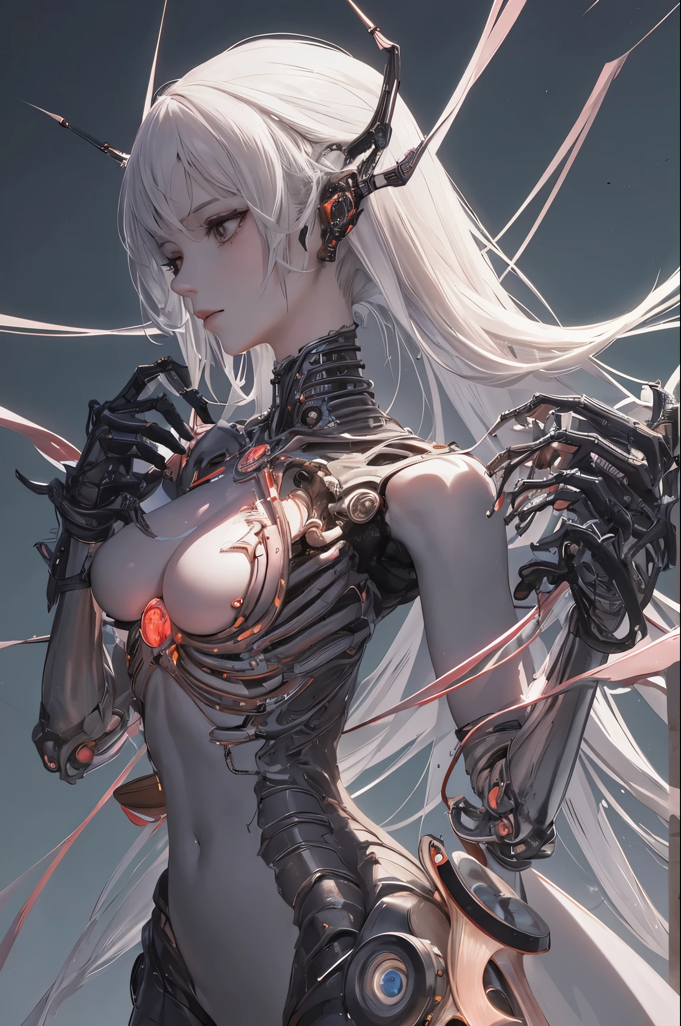 In this ultra-detailed, highly realistic CG illustration, a mechanical girl takes center stage as the main character. The level of intricacy in this masterpiece is simply breathtaking. From the side, we can see her in a solo composition, her entire body fully displayed. The machine-made joints, along with the mechanical limbs, showcase a stunning fusion of technology and anatomy. Blood vessels can be seen connected to tubes, while a mechanical vertebra attaches to her back. Adding to the intricate design, a mechanical cervical piece attaches to her neck. The character sits in an expressionless pose, while wires and cables attach to her neck and head, further emphasizing her robotic nature. The cinematic lighting casts a dramatic effect on the character against a white background, allowing every