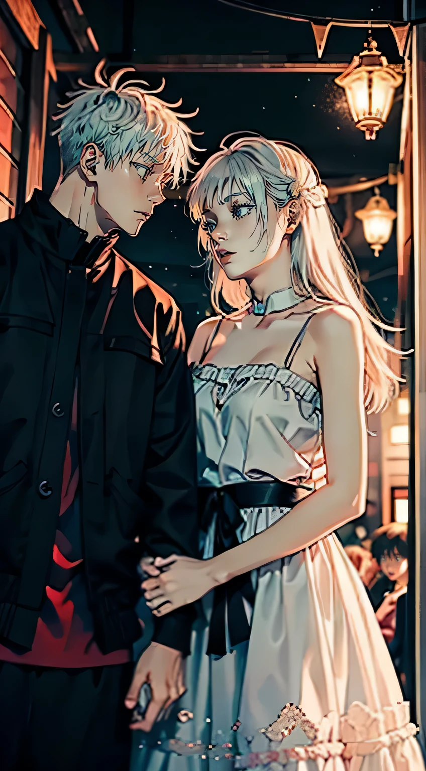  Gojo Satoru with white hair with a red head girl, long hair with black eyes, romance, couple, 