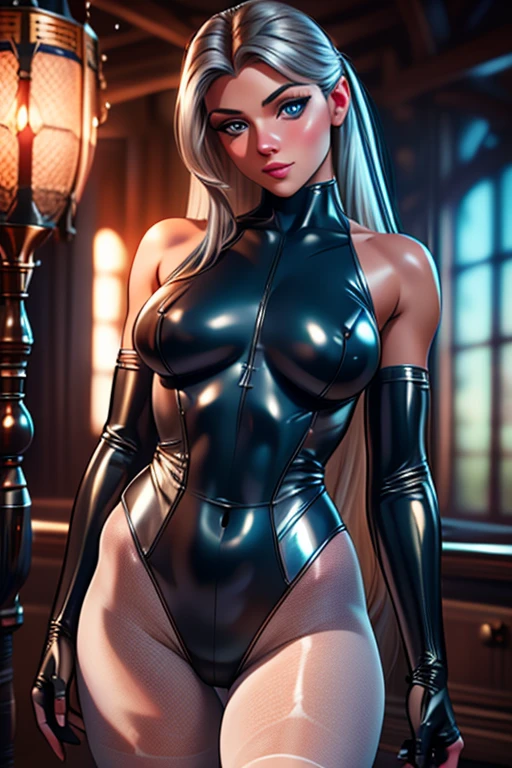 (best quality,8k:1.2,high resolution:1.2),ultra-detalhado,Realistic,retro science female,21 YEARS OLD,long hair,rosto extremamente detalhados,long eyelashes,all sheer light silver leotard de nylon Apertado,all light suntan pantyhose, gloves,Glossy metalic accessories,Physically-based rendering,sharp focus,studio lighting
