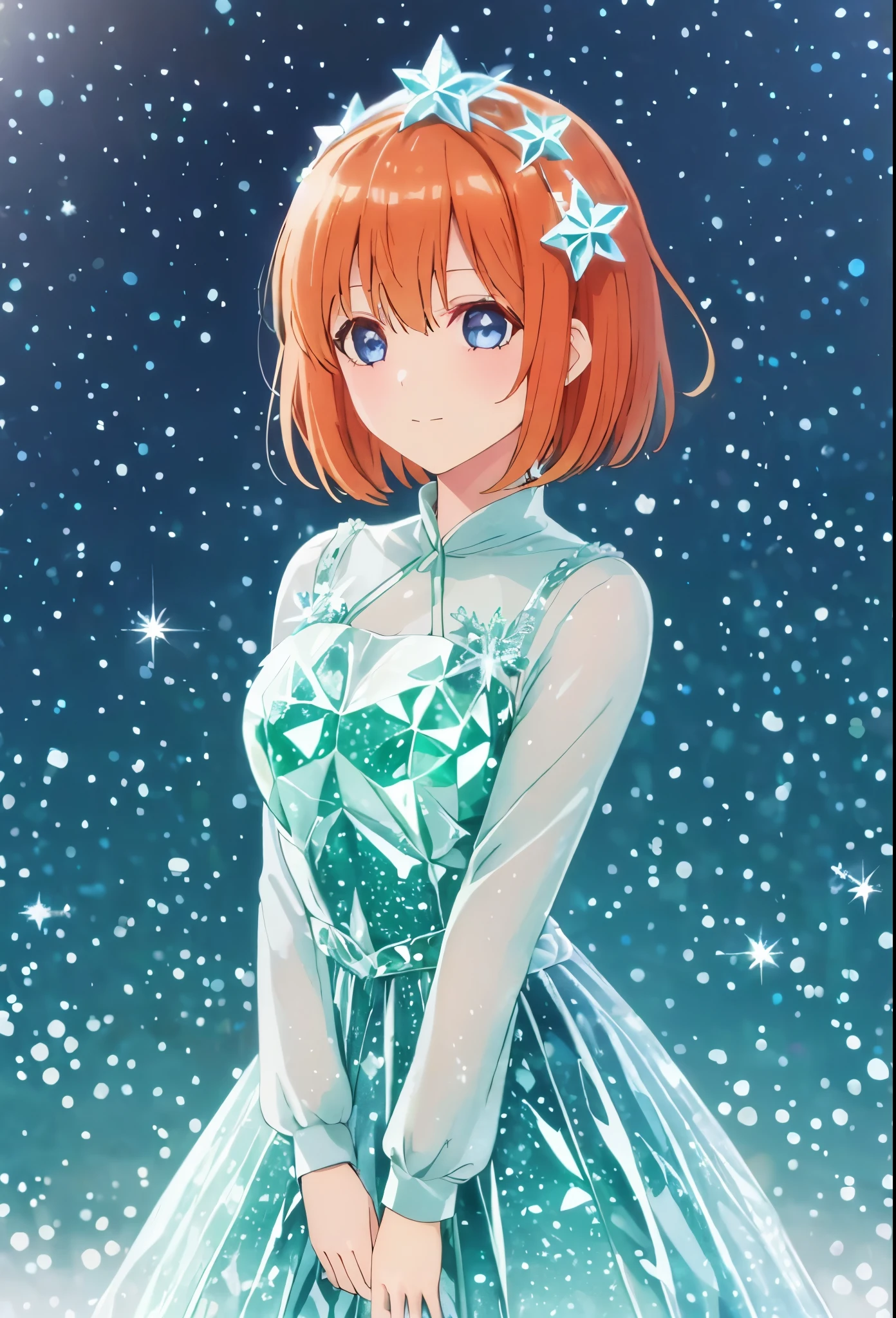 (1 girl, solo) pretty outdoors background, Yotsuba nakano, green ribbon on top of head, yotsuba wearing a pretty iridescent ice dress, simple iridescent crystal sparkle gown, silvery light blue monochrome dress, simple minimal dress, short orange hair, bob irange hair, blue eyes, nakano_yotsuba, splendid, iridescent, dynamic pose, moving, excellent character design, full body pose, perfect face, aayotsuba, bangs, reen ribbon on hair, green ribbon on top of head, cheery face, ice clothes, ice theme, ais-icebaby