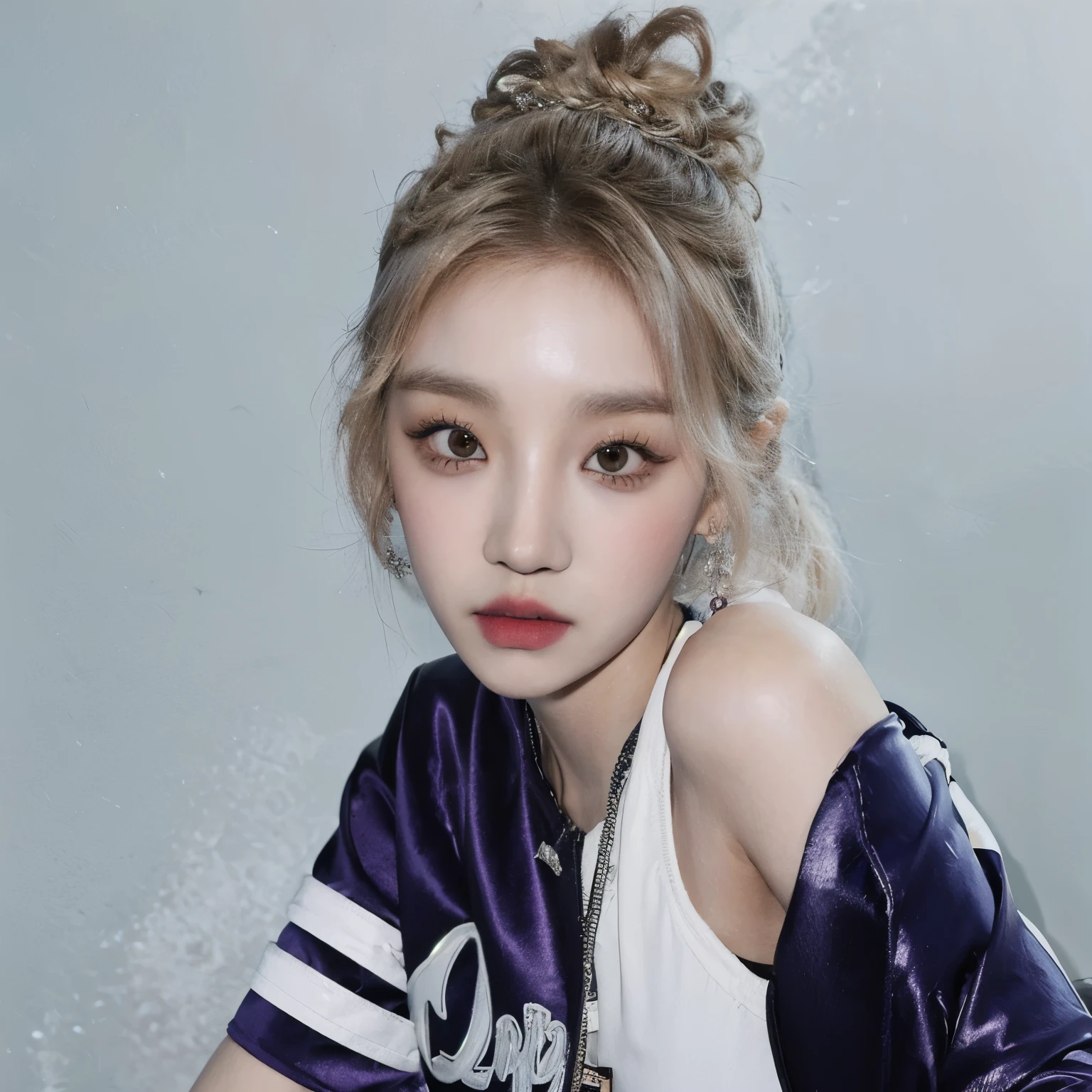 Chica araffe con una chaqueta morada y un top blanco., maquillaje popular de corea del sur, jinyoung shin, maquillaje coreano popular, heonhwa choe, Jaeyeon Nam, sakimichan, flequillo rizado y cola de caballo, kpop idol portrait, peinado de dos colas, parque roseanne de blackpink, Lee Ji-Eun, Lee Ji Eun, ulzzang