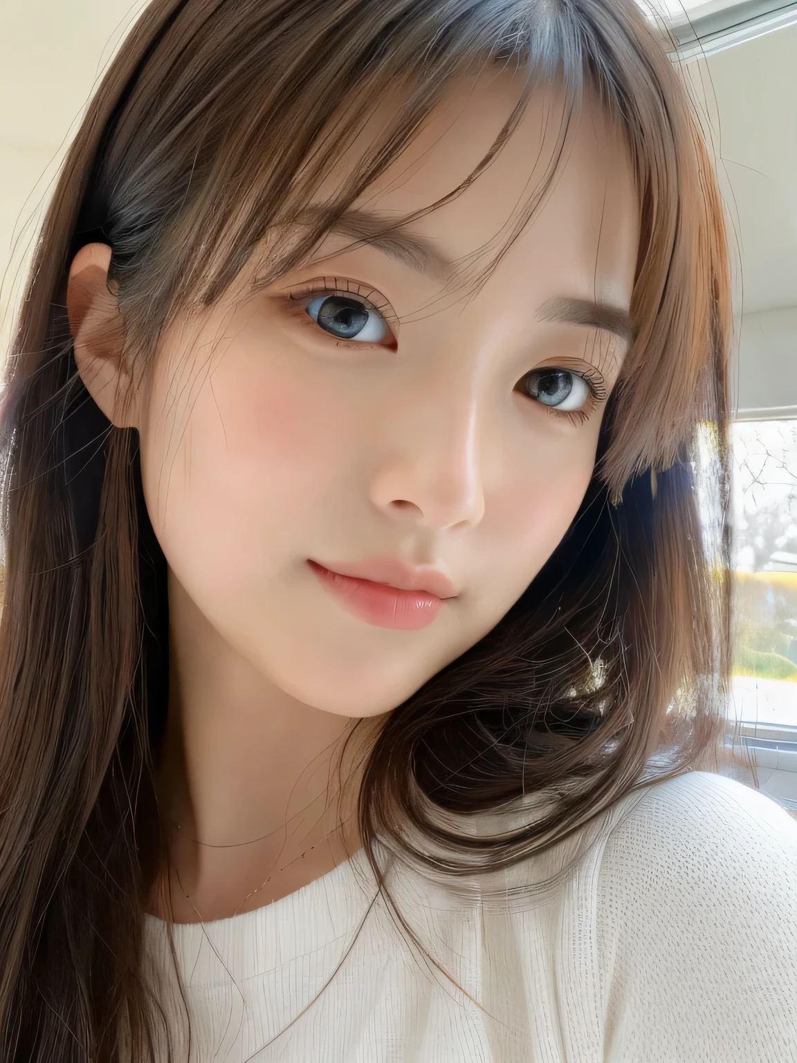 (((32k,high details,high detail、masterpiece,attention to detail,alone))),Raw photo & realistic atmosphere,beautiful dark blue eyes,detailed mouth,glossy lips,thin eyebrows,fine eyes、Soft white skin that shines in every detail、her deep black eyes are so beautiful,lip details、very beautiful face,very well-shaped face、lifelike face,shining beautiful lips,beautiful eyebrows,infinite reality, Realistic young idol sculpture,she'she'she'she'she'she'she'she'very cute woman , idol sculpture, young idol sculpture, Very beautiful and cute 22 year old beauty,incredibly beautiful and classy,22 year old beauty,natural soft light,(shiny hair,,Beautiful and kind eyes:1.5),gentle smile,well-shaped chest,long hair,beautiful posture,no makeup,