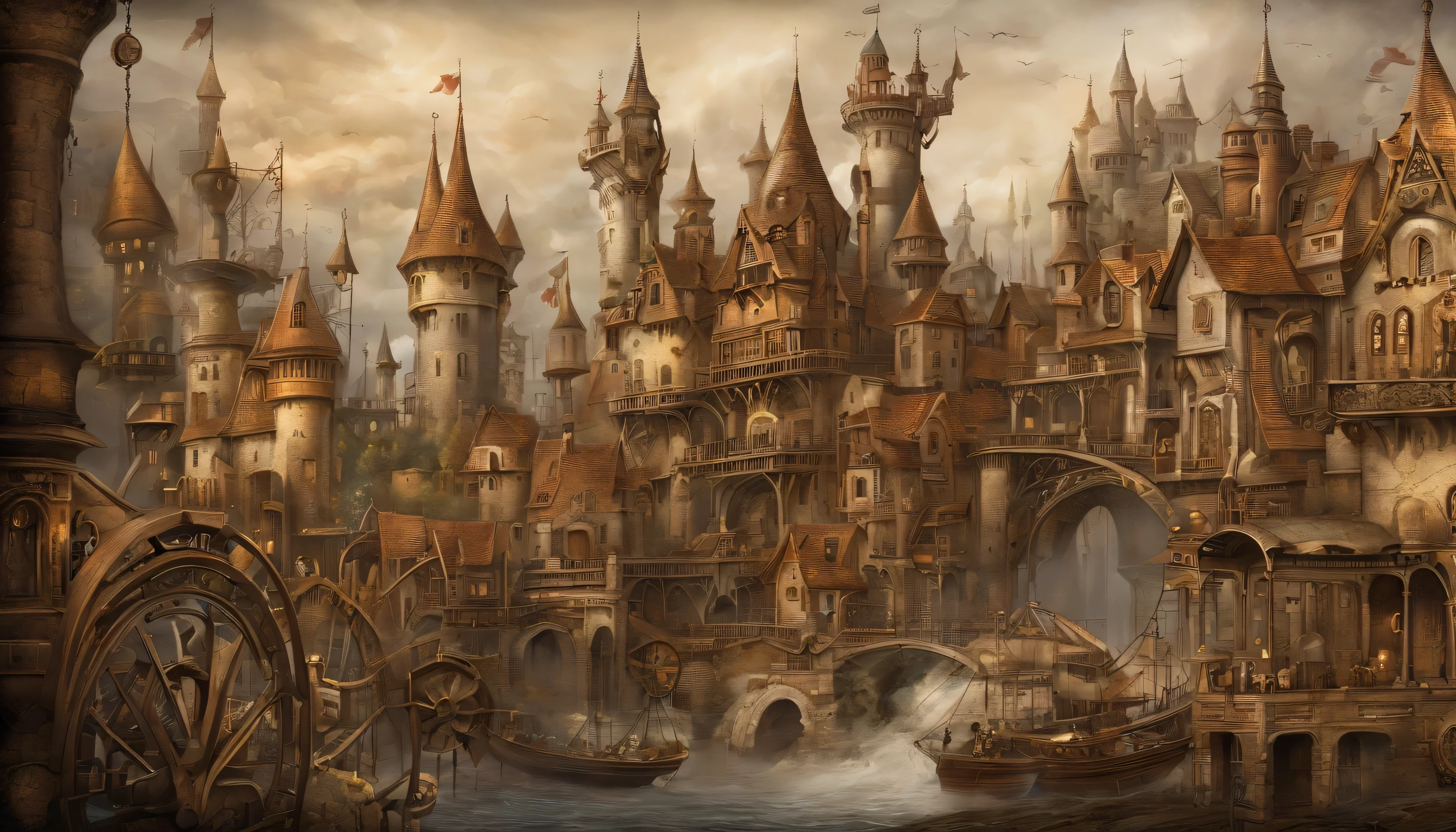 high fantasy, A crowded castle town with a castle town, medieval background、exterior