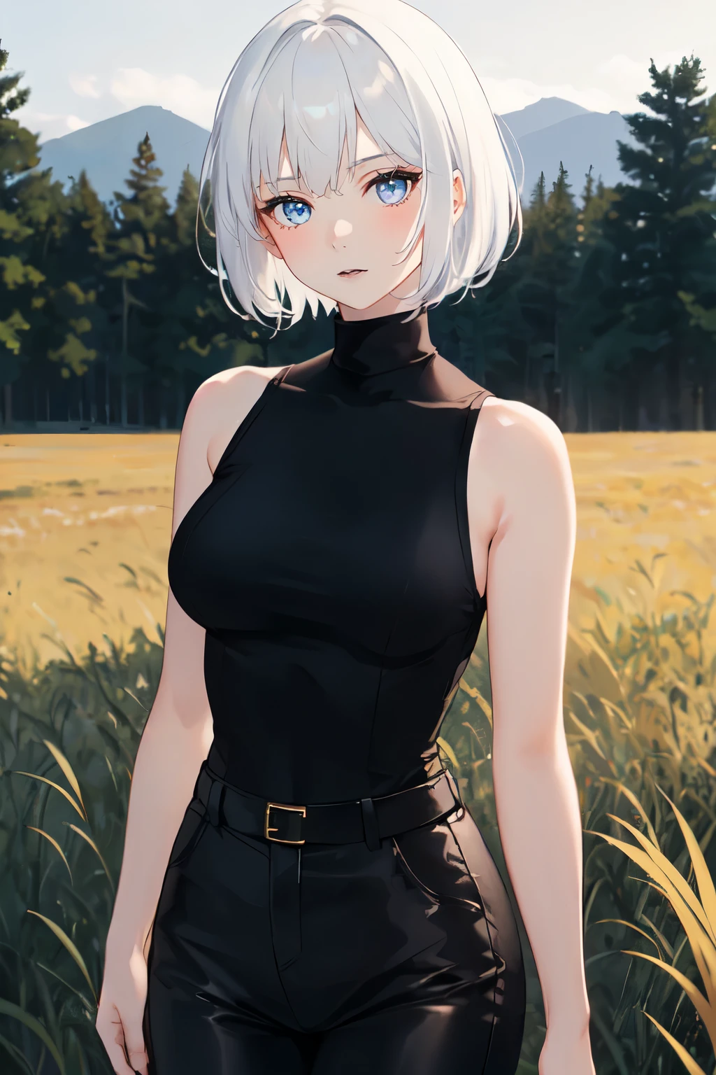 1girl, mature woman, white hair, short hair, black shirt, turtleneck, bare shoulders, sleeveless turtleneck, black pants, night, dark, grass field, masterpiece, best quality, highres