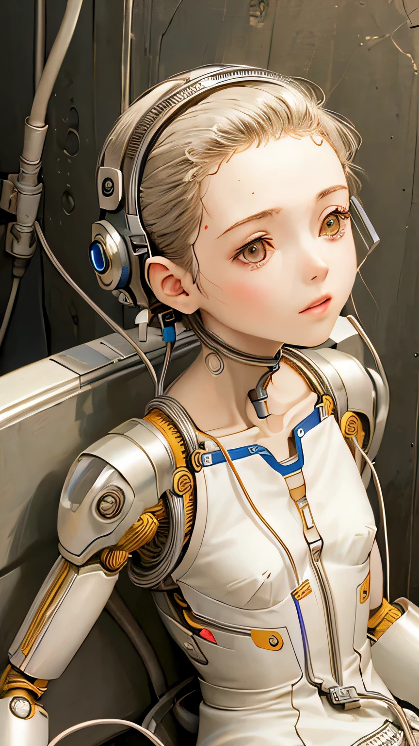 (((masterpiece))), (((highest quality))), ((Super detailed)), (Detailed CG illustration), ((very delicate and beautiful)),(cute delicate face),cinematic light,((1 mechanical girl)),alone,full body,(machine made joint:1.4),((mechanical limbs)),(exposed muscles),(blood vessels connected to tubes),(brain in a container:1.3),((mechanical spine attached to the back)),((Mechanical cervical spine attached to the neck)),((sitting)),No expression,(Wires and cables attached to the head and body:1.5),small breasts,short hair,(character focus),SF