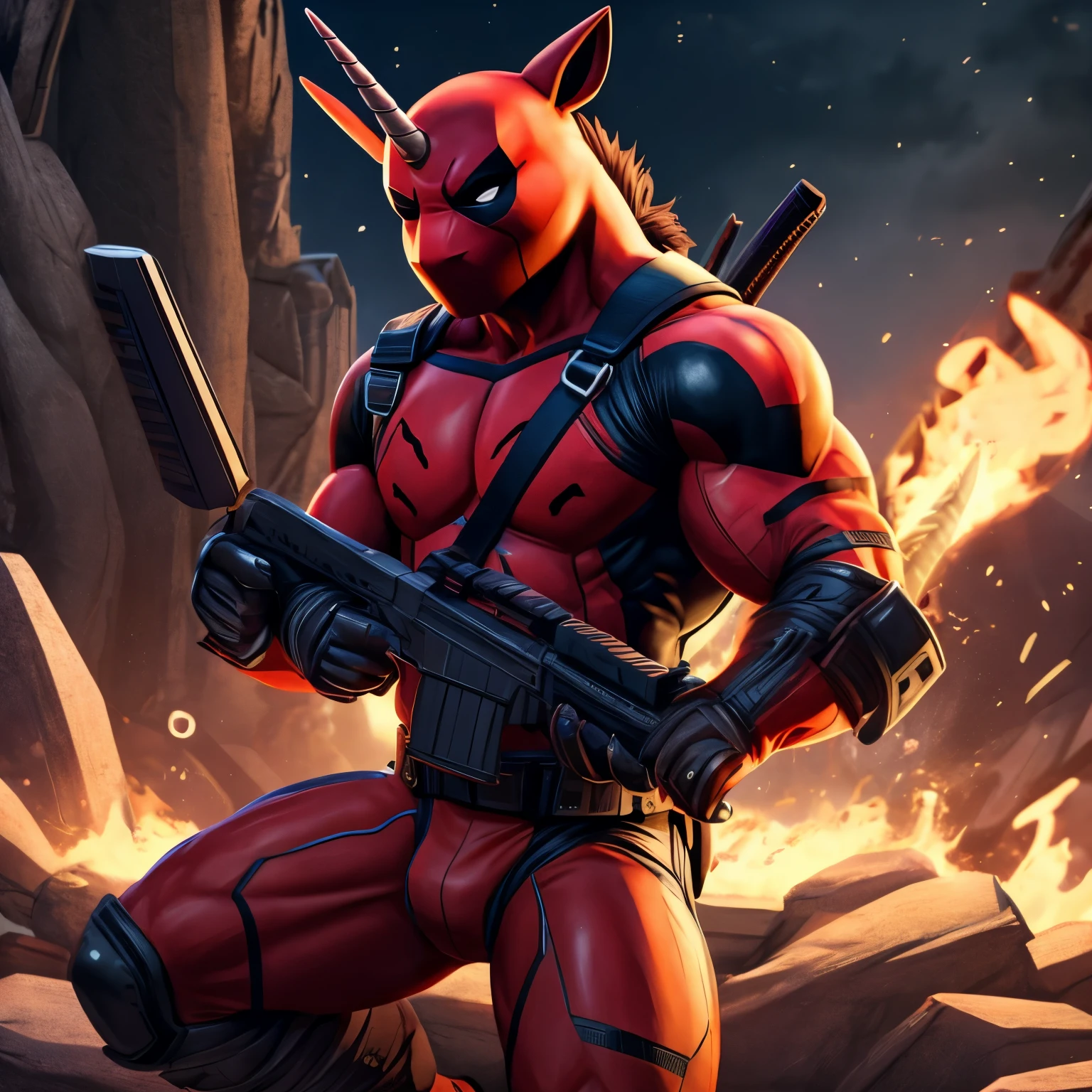 Deadpool, red, black, sword, machine gun, blood, unicorn, chimichanga