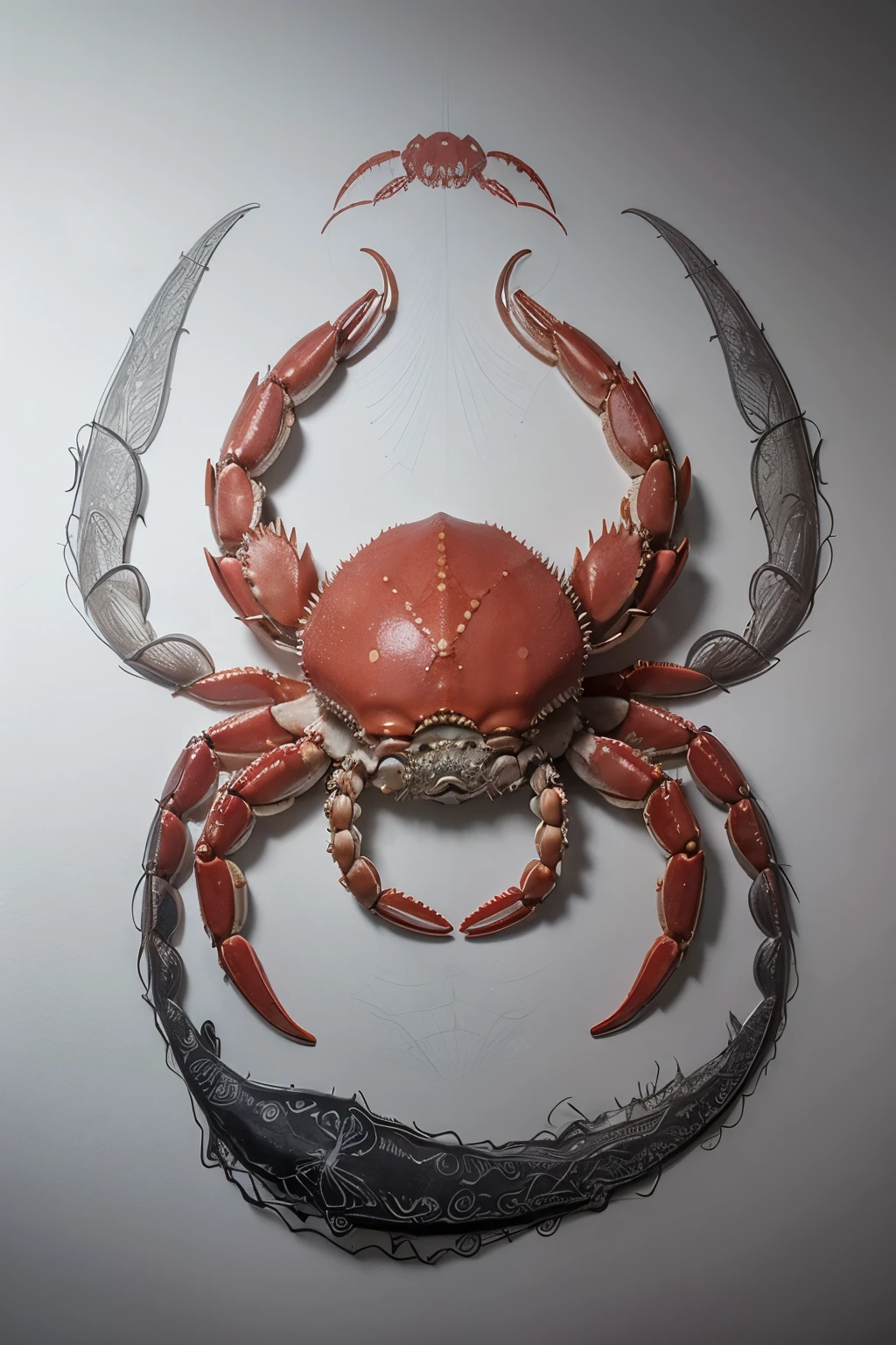 Visualize an intricate (((drawing))), featuring (((dark kelp patterns))), interwoven with ((shadows of a playful crab)) that are caught in the act of stealing a fish from the (((seven seas of fortune))), exuding a whimsically modern Japanese aesthetic
