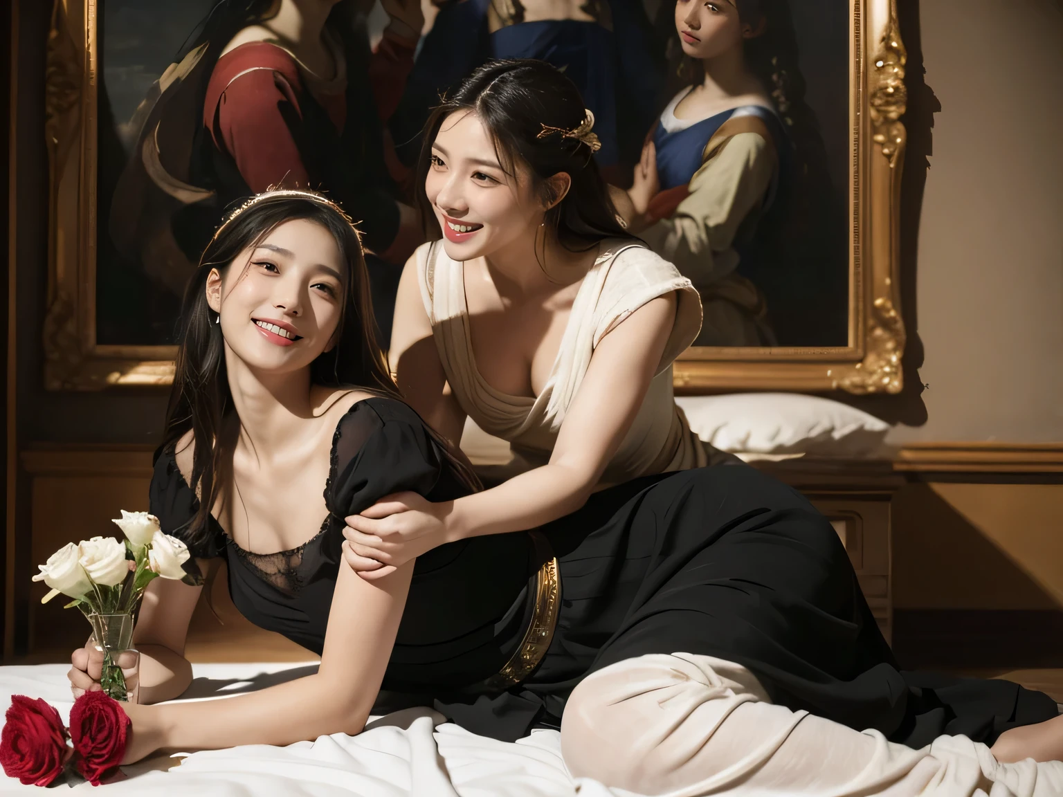 Giorgione painting style,Arguments of two female Philosophe,math、astronomical machine、astronaut、roses in vase、fruits、Cute trinkets、smile、ancient greek costume、Ancient Roman landscape in the style of Nicolas Poussin,laughter,,Sweet and seductive appearance.、Caravaggio's paintings、Chiaroscuro of Caravaggio、hair tousled by the wind,Two women frolicking,cute smile, expression of ecstasy,Sexy,erotic