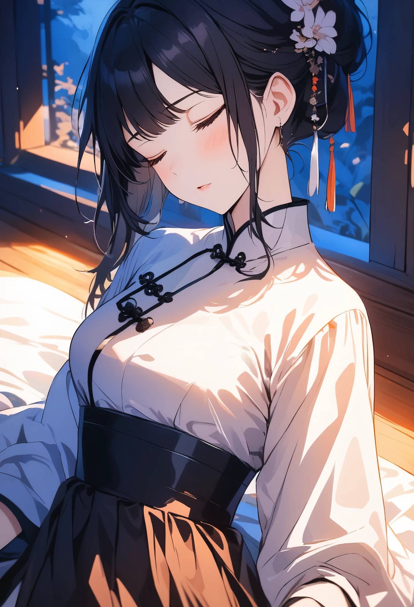 Beautiful Chinese girl wearing a light blue and orange Hanfu, lying on the bed with her eyes closed, warm colors, ultra high definition photography, closeup of chest above waist, soft lighting, natural environment, rich details, elegant movements, mysterious atmosphere. in the style of natural environment.