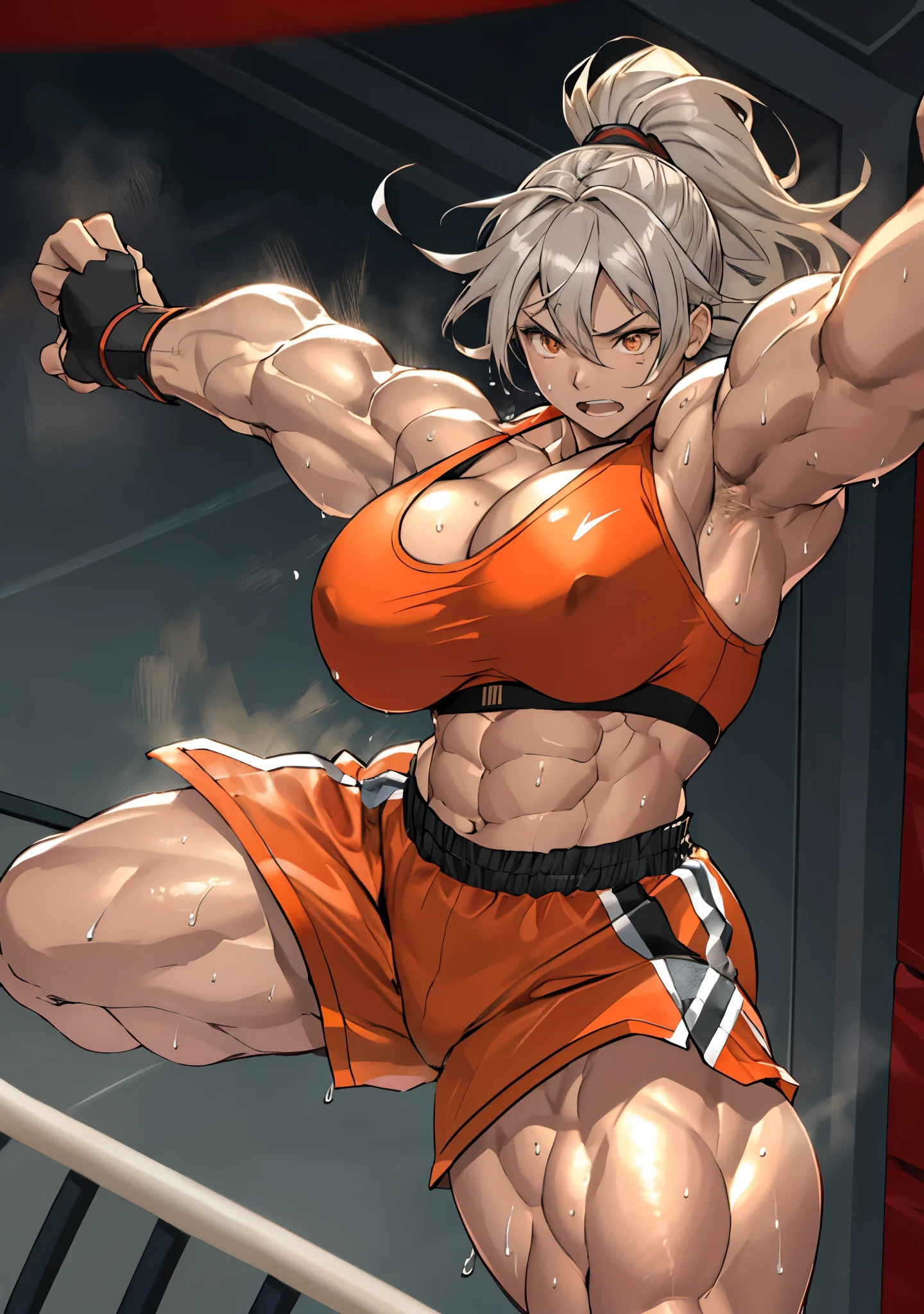 masterpiece, ultra quality, Beautiful detailed, extremely detailed,16K, exquisite, absurdity, highres, Beautiful background, Beautiful eye, Beautiful skin, anime style, 1woman,solo, From above, 
Cheddar Team, trapezius muscle, deltoids, forearm muscles, abs, oblique muscle, latissimus dorsi, Hamstring, muscle, orange eyes, gray hair, trimmed bangs,:1.1 Ponytail, fluttering hair, wild hair, anger, attack pose:1.2, pulsating feeling, sense of speed, boxing gloves, play sports often, Huge breasts that hang heavy:1.2, bouncy breasts,  cleavage, Sweat, Wet, ボクシングのringの背景, indoor, ring, light up