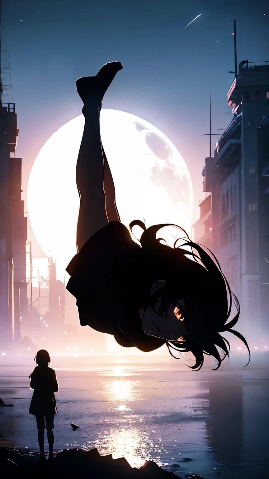 highest quality、masterpiece、Silhouette girl alone falling into a pit in a moonlit night、Feeling fear、attract people、