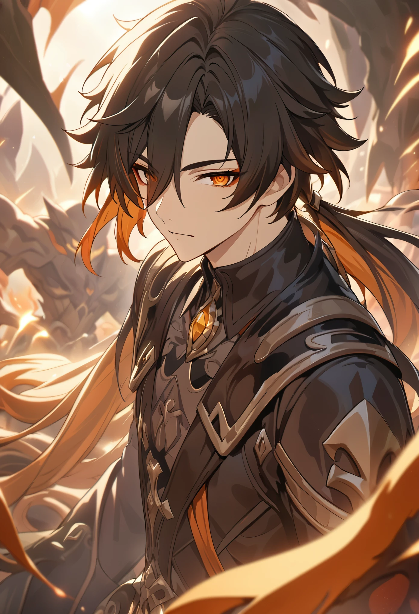 ((solo)), (man), dark orange eyes, black hair, very long hair, messy hair, dark orange colored inner, hair a close up of a person with a sword in a desolate land surrounded by demons and monsters, a burning field, detailed key anime art, honkai star trail character, casimir art, masamune shiro, masamune, handsome guy in demon slayer art, genshin, heise jinyao, shadowverse style, (no logos), hell, black powers, infernal scenery, detailed clothes, eye reflection, depth of field, cinematic lighting, ray tracing, depth of field, cinematic lighting, ray tracing, UHD, high details, best quality, highres, high quality, award winning, super detail, masterpiece, 8k, UHD, high details, best quality, highres, high quality, award winning, super detail, masterpiece, 8k
