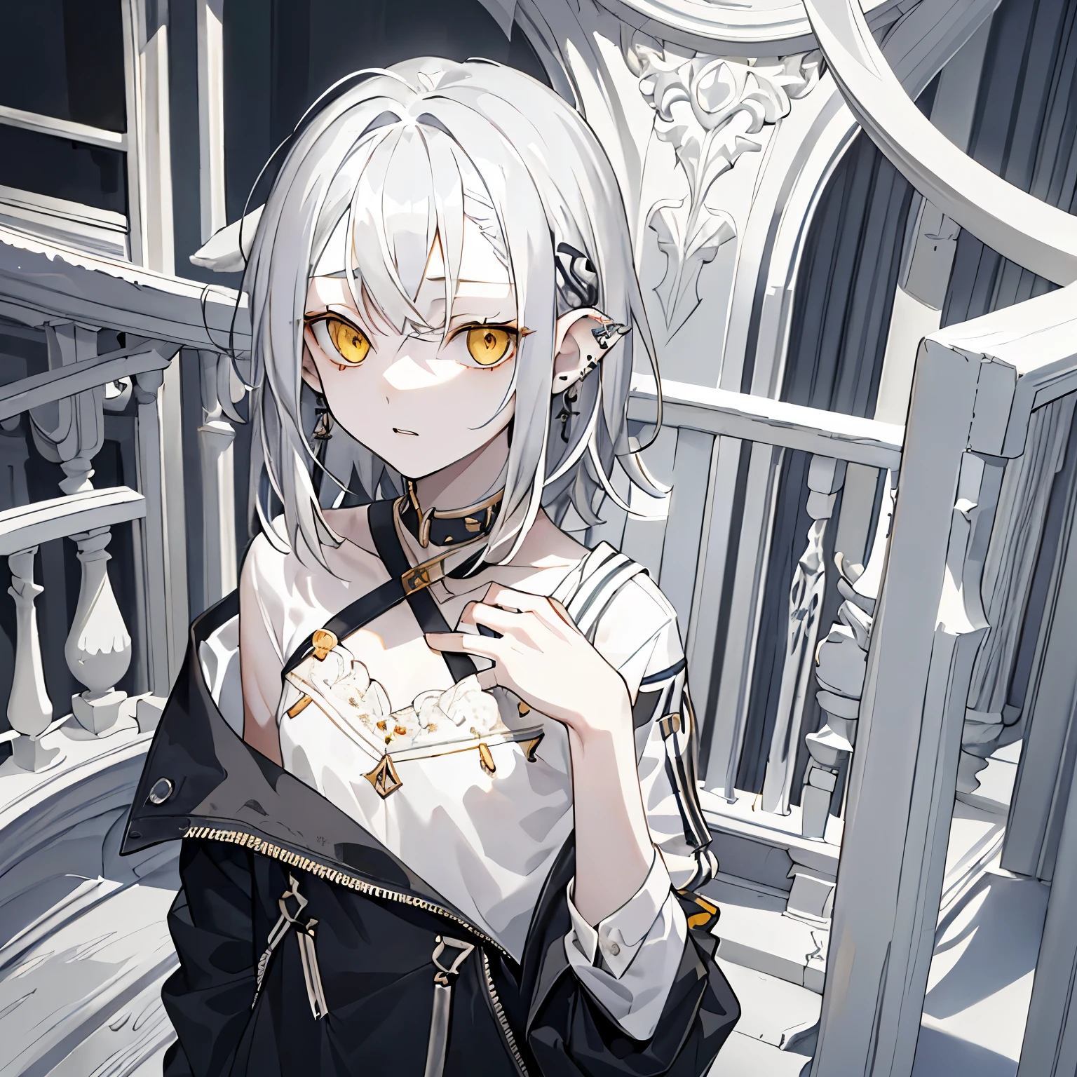 masterpiece, best quality, silver hair, yellow eyes, parted bangs, ((teen 17 yo)), 1girl, small breasts, half-body, medium_messy_wolfcut_hair, wavy_bangs, pierced ears, plain clothes, half_body_potrait, solo, 1_girl, alone, half body,