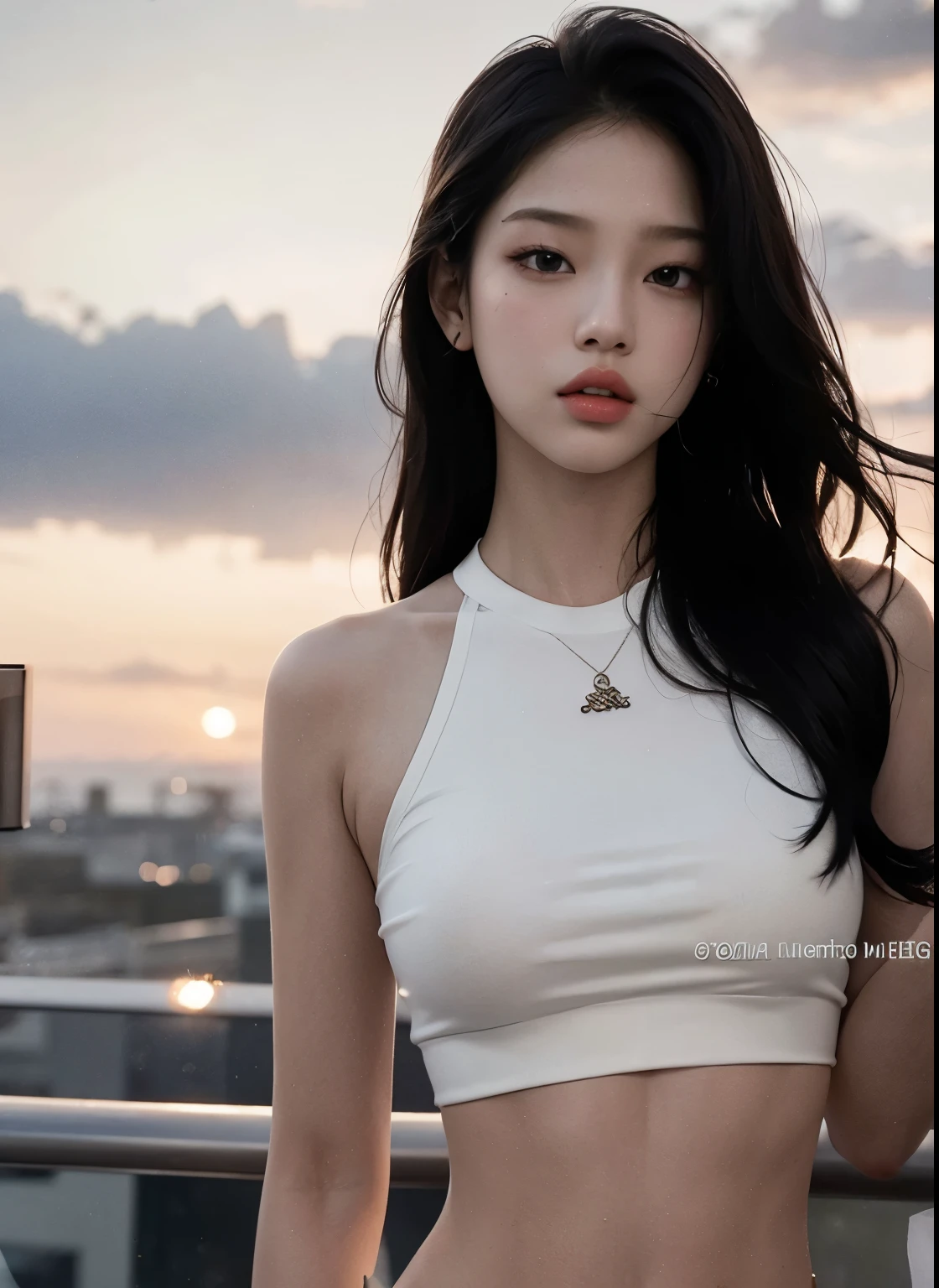 Alfield Asian woman wearing white top and black pants on roof, photo of slim girl model, korean women's fashion model, beautiful Korean women, Gorgeous young Korean woman, Shin Jinying, Korean girl, Beautiful young Korean woman, photo of slim girl, Choi Hyun-hwa, iu lee ji-eun as a super villain, 2 4 year old female model,((Cut hair in layers, Beautiful breasts:1.2)), (wetclothes:1.1)