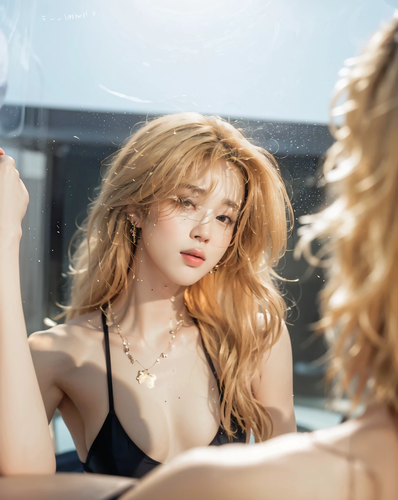 realistic image of a woman in swimsuit posing for a photo in front of the mirror, jimin\'s plump lips, park jimin, jimin, accurate jimin face, jimin\'s same nose, realistic photo of Park Jimin of BTS, Jimin, Jimin Park, with same hairstyle, same background. high quality 