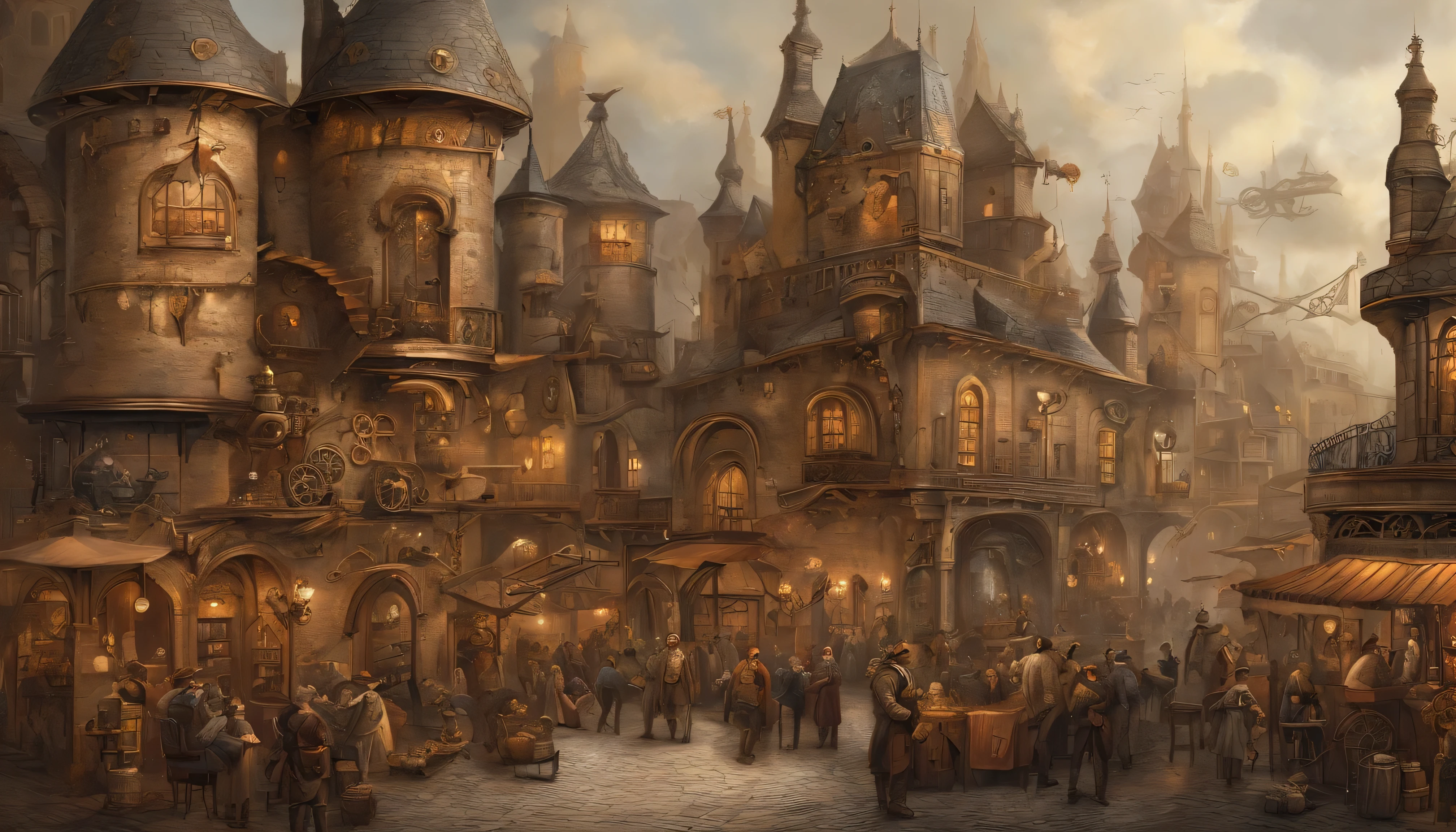 high fantasy, A crowded market in a castle town, medieval background、exterior
