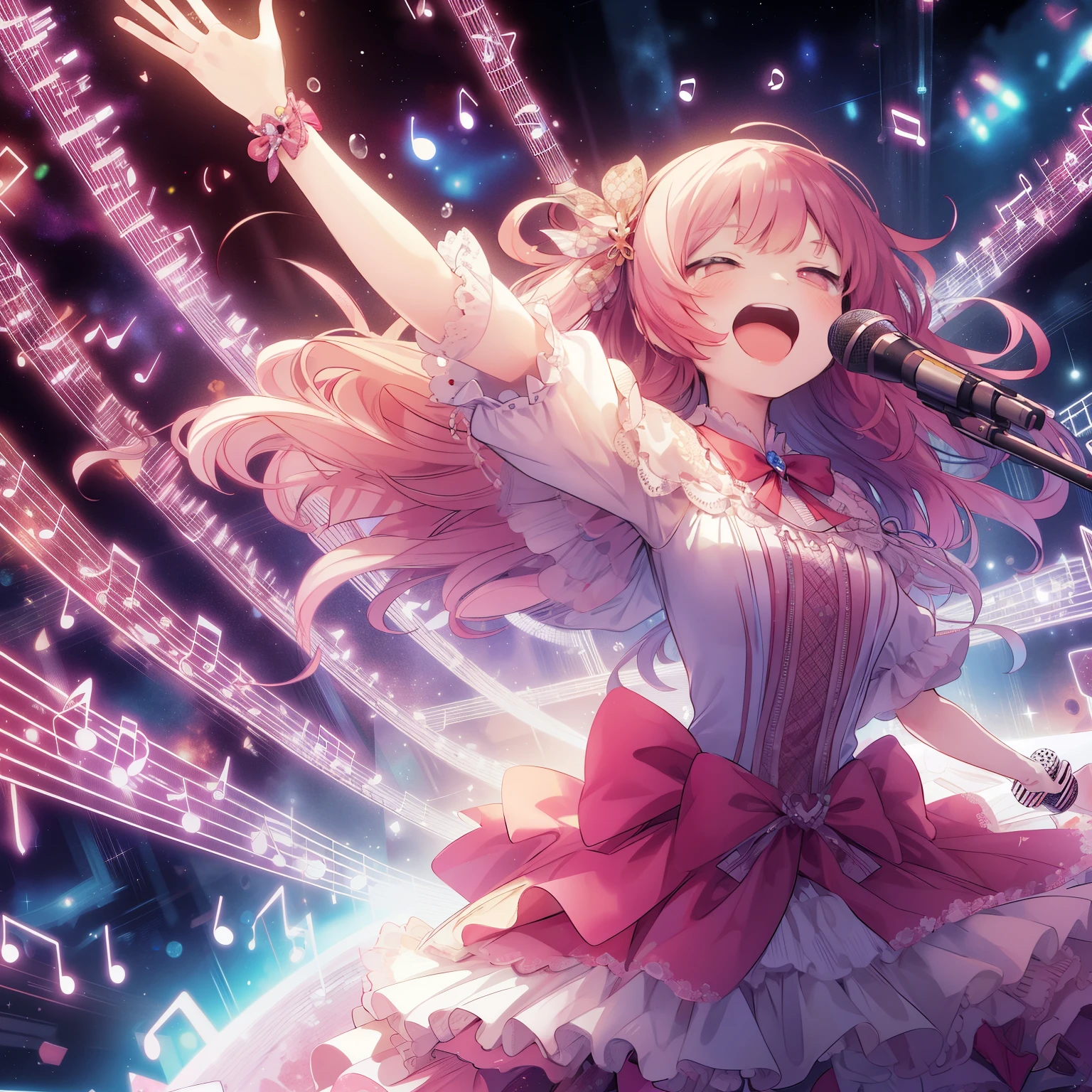 a woman in a dress singing into a microphone in front of a crowd, nightcore, An idol anime like Macross Frontier that fights with singing voices、full body jump、scatter♪、smile、Music Note Effects、Shockwave of singing voice、space background、Resonating singing voice！、light radiation effect afterimage、anime art wallpaper 8 k, ultra hd anime wallpaper, best anime 4k konachan wallpaper, anime style 4 k, anime art wallpaper 4k, anime art wallpaper 4 k, hololive, anime moe artstyle, anime wallpaper 4 k, anime wallpaper 4k