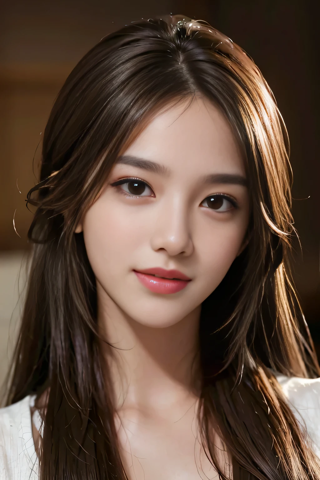 table top, highest quality, realistic, Super detailed, finely, High resolution, 8k wallpaper, 1 beautiful woman,, light brown messy hair, wearing a business suit, sharp focus, perfect dynamic composition, beautiful and detailed eyes, thin hair, Detailed realistic skin texture, smile, close-up portrait, model body shape