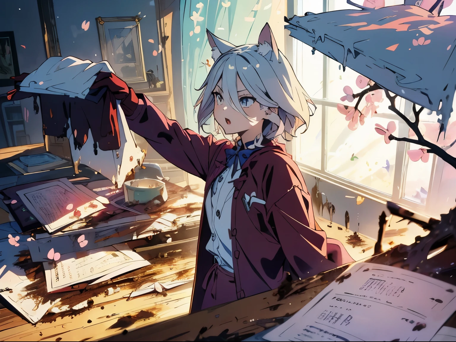 (highest quality), (masterpiece), 1080p, hd, 4k, 8K, masterpiece, A world where magic and technology coexist, (boy),cat ears ager(gray hair, short hair) ,Hone your skills,Go on a journey to uncover the secrets of power, beautiful eyes、depicted in detail. The magician makes the most of the potential of his abilities.....,We must learn how to unlock the true potential of modern magic,grim expression, (dirty room:1.9),(spring cleaning:1.9),
