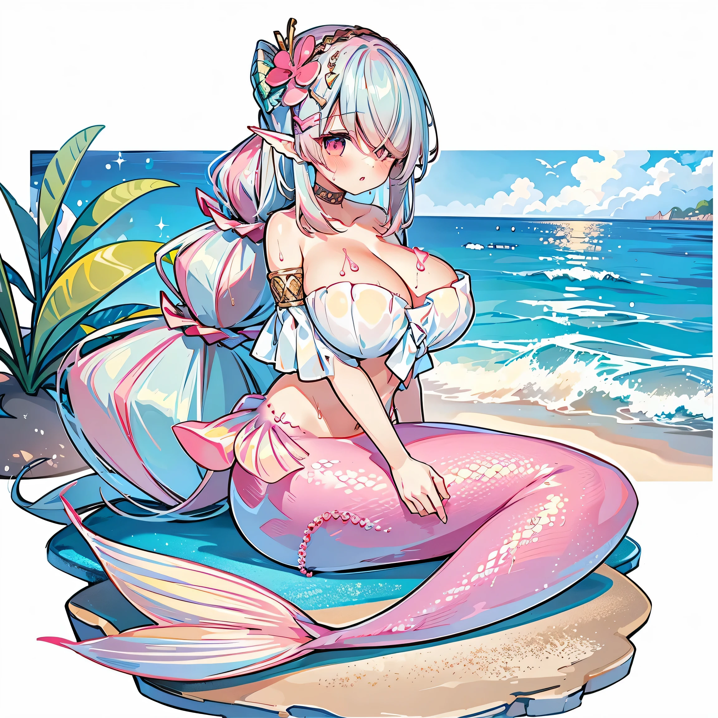 masterpiece, best quality,a woman,big breasts,Mermaid,pink mermaid tail,full-body shot,beach,sit on the shore,charming face(kawaii, charming,soft),Wet hair