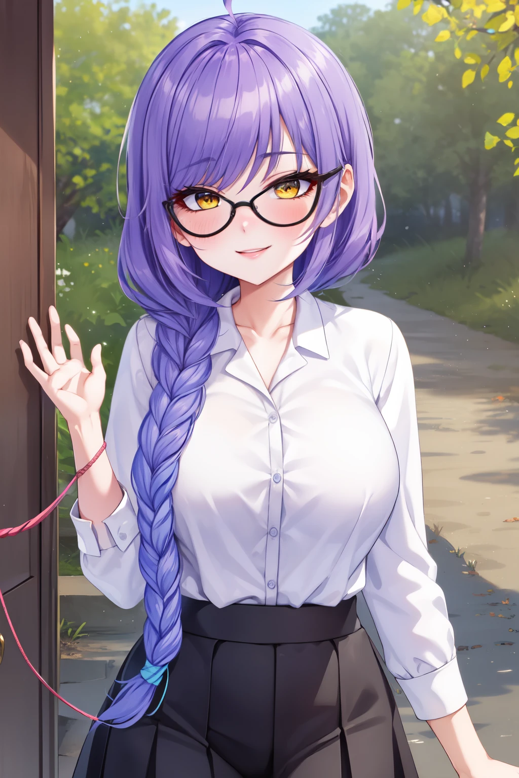 masterpiece, best quality), MidzuiVT, yellow eyes, purple hair, long ponytail, (braided rope on the right side:1.2), glasses, white shirt, black skirt, standing, dynamic pose, looking at viewer, seductive smile, naughty face, nose blush, forest, cercis siliquastrum