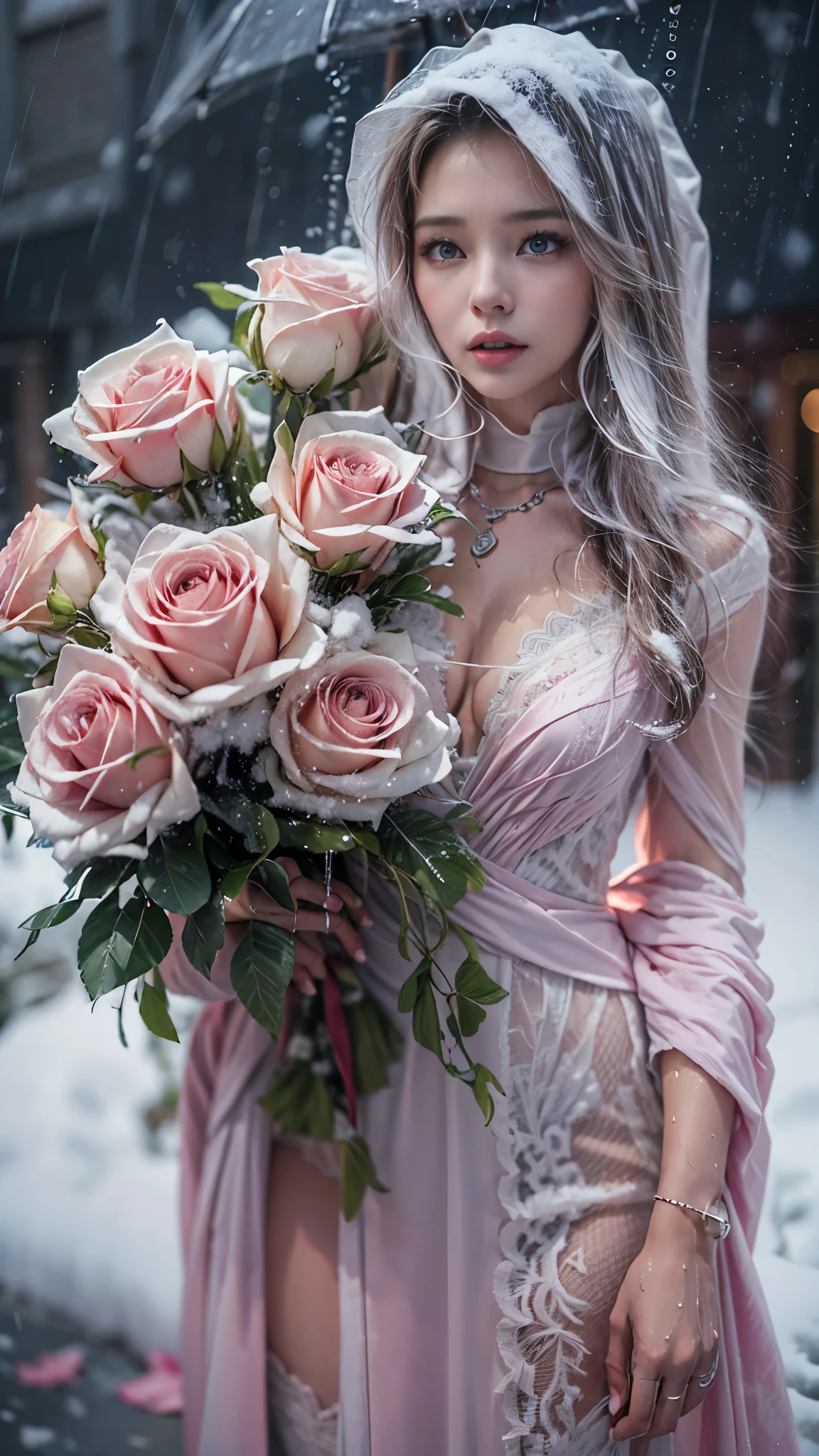 (RAW shooting, Photoreal:1.5, 8K, highest quality, masterpiece, ultra high resolution), ((((heavy snow, Blizzard)))), Highly detailed skin and facial textures:1.3, perfect dynamic composition:1.2, (In front of a church at night in a modern city, expression of sadness:1.0, Tears are flowing:1.0, cry with a broken heart:1.0), Slim office lady wet in the rain:1.3, cowboy shot, Fair skin:1.2, sexy beauty:1.1, perfect style:1.2, beautiful and aesthetic:1.1, very beautiful face:1.2, water droplets on the skin, (rain drips all over my body:1.2, wet body:1.2, wet hair:1.3), (professional dressing:1.1, Holding a bouquet of wet roses in my hand:1.2, The correct way to wear a wet pink wedding dress:1.3), (Medium chest, Bra see-through, Chest gap), (Eyes that feel beautiful eros:0.8, Too erotic:0.8, Bewitching:0.8), necklace, earrings, bracelet, wedding ring, Highly detailed hand and finger expressions