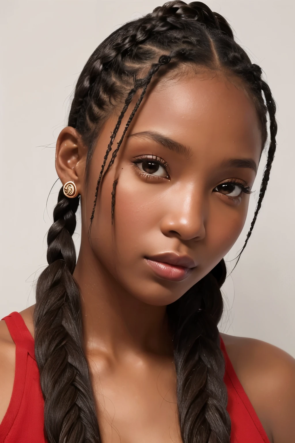 (obra de arte, Melhor qualidade), deep ebony 1girl, rosto bonito, Braids hanging freely, cheques vermelhos.