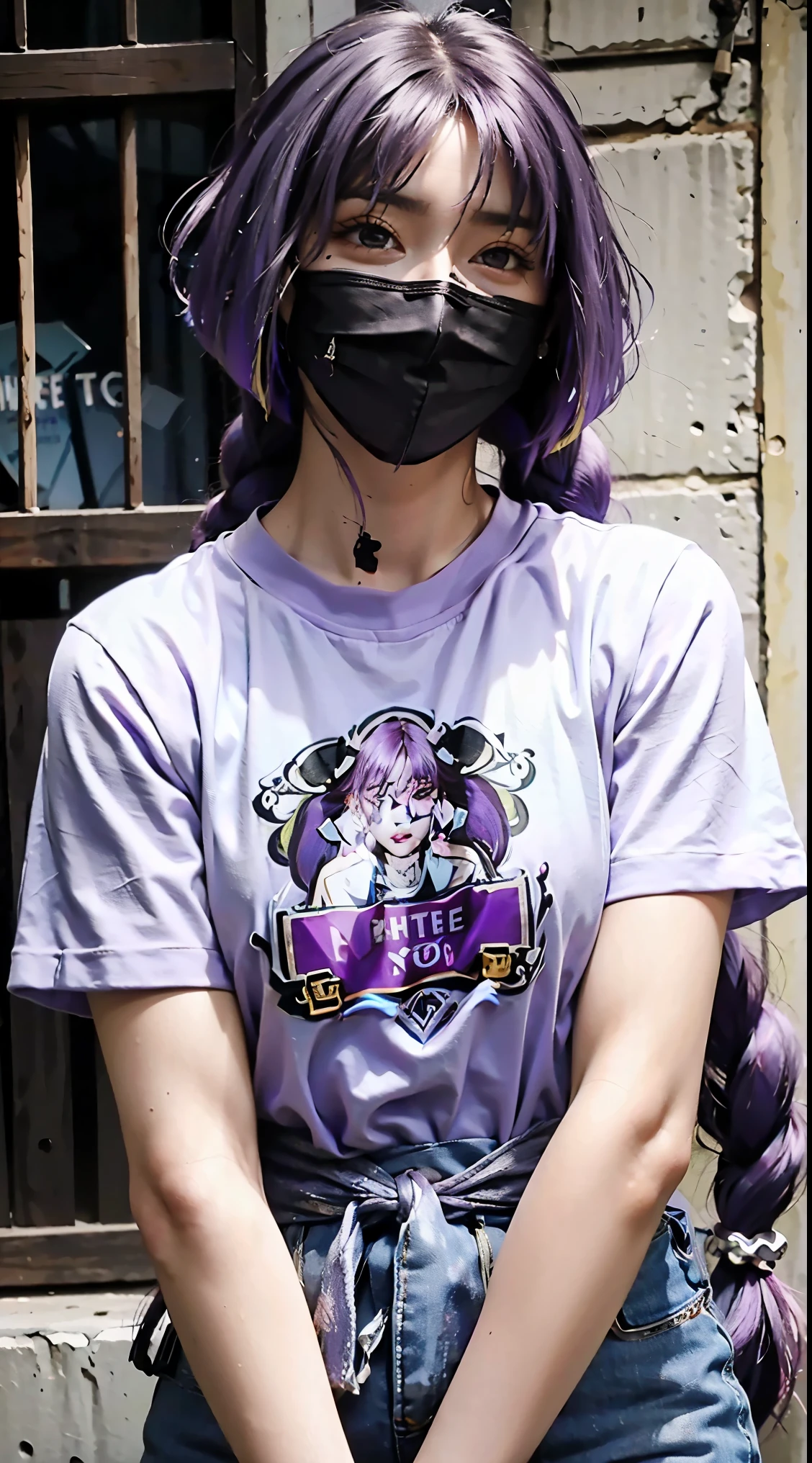 sumire kakei, single braid, purple hair, beautiful, beautiful woman, perfect body, perfect breasts, wearing oversized white t-shirt, short jeans, wearing handbag, watch, wearing earrings, convenient shop there, department store, tail horse, looking at viewer, slight smile, realism, masterpiece, textured leather, super detail, high detail, high quality, best quality, 1080p, 16k ,purple hair color
purple hair
detailed, purple hair polish. very detailed face, detailed eyes, detailed nose, detailed hair, detailed sweet thin lips ,cursing the RealMadrit football campion custom t-shirt