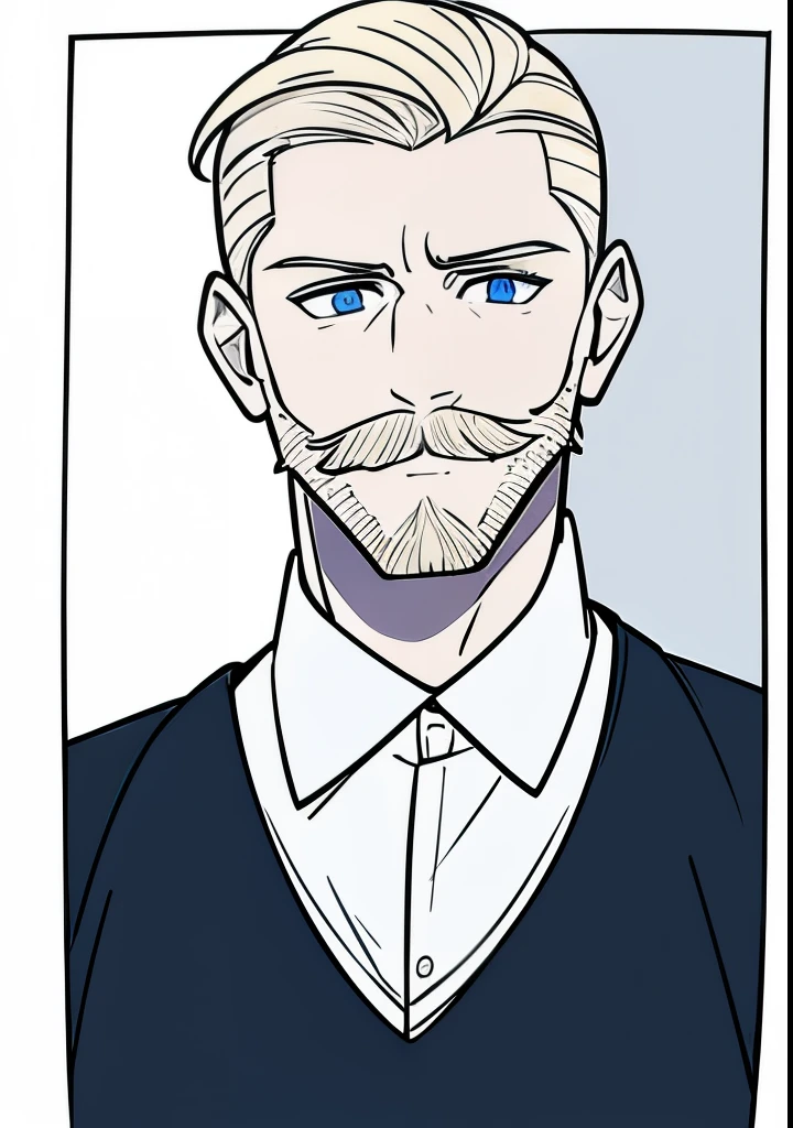 Young Adult male, white and tender skin, pale blonde slicked back combed short hair, kaiser mustache, ducktail beard, steel blue eyes, green and slightly mature, serious and emotionless facial expression, wearing white bottom long sleeve shirt with collar, portrait style, facing forwards