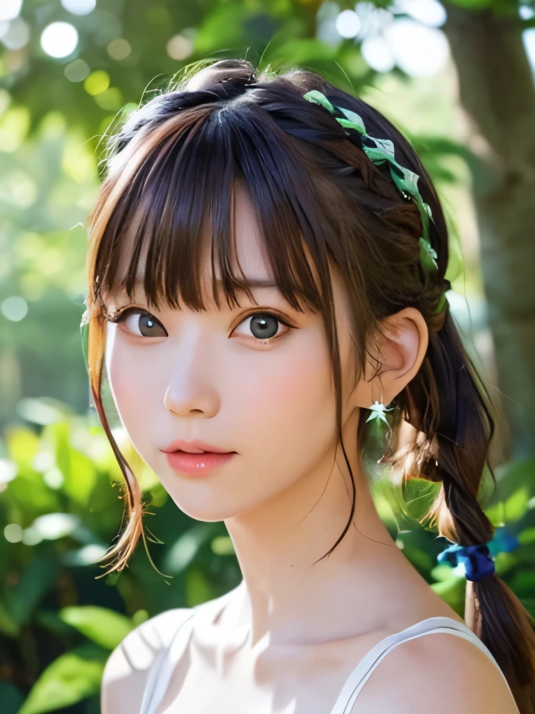 masterpiece, highest quality, 16K,enlightenment, Sax Blue, Green Earrings, green necklace, completely naked, 1 girl, cute, (dynamic lighting:1.2), cinematic lighting, delicate features, detailed eye, sharp pupils, realistic student, in the forest, Bokeh, sharp focus, (super detailed, bloom, shine:1.4), green eyes、brown hair、she is a tree fairy、forest background、in the forest、headband、naked、Braid、twin tails、